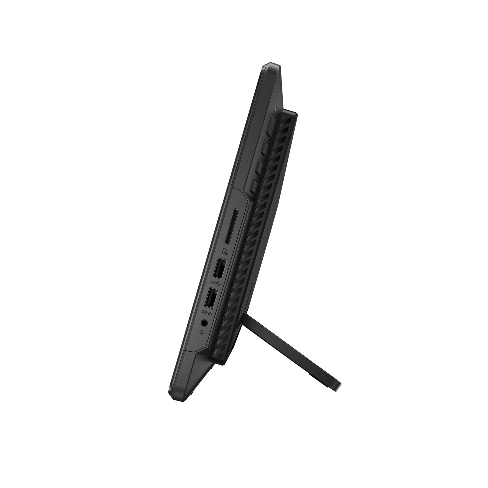 Tablet nero con supporto, angolato verso destra. Ha porte laterali. Anche il supporto è nero.