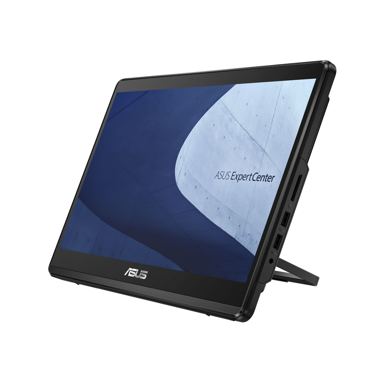 Un PC ASUS ExpertCenter all-in-one. Lo schermo mostra un'immagine astratta blu e bianca. Ha una cornice e un supporto neri.