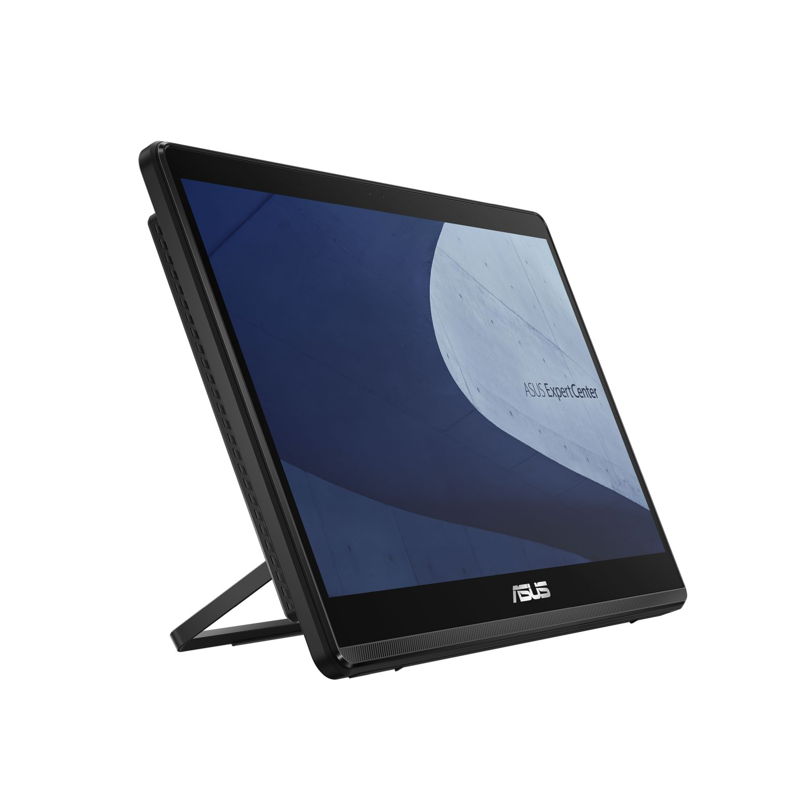 Un monitor ASUS Expert Center nero, angolato su sfondo bianco. Lo schermo mostra una grafica blu e bianca.