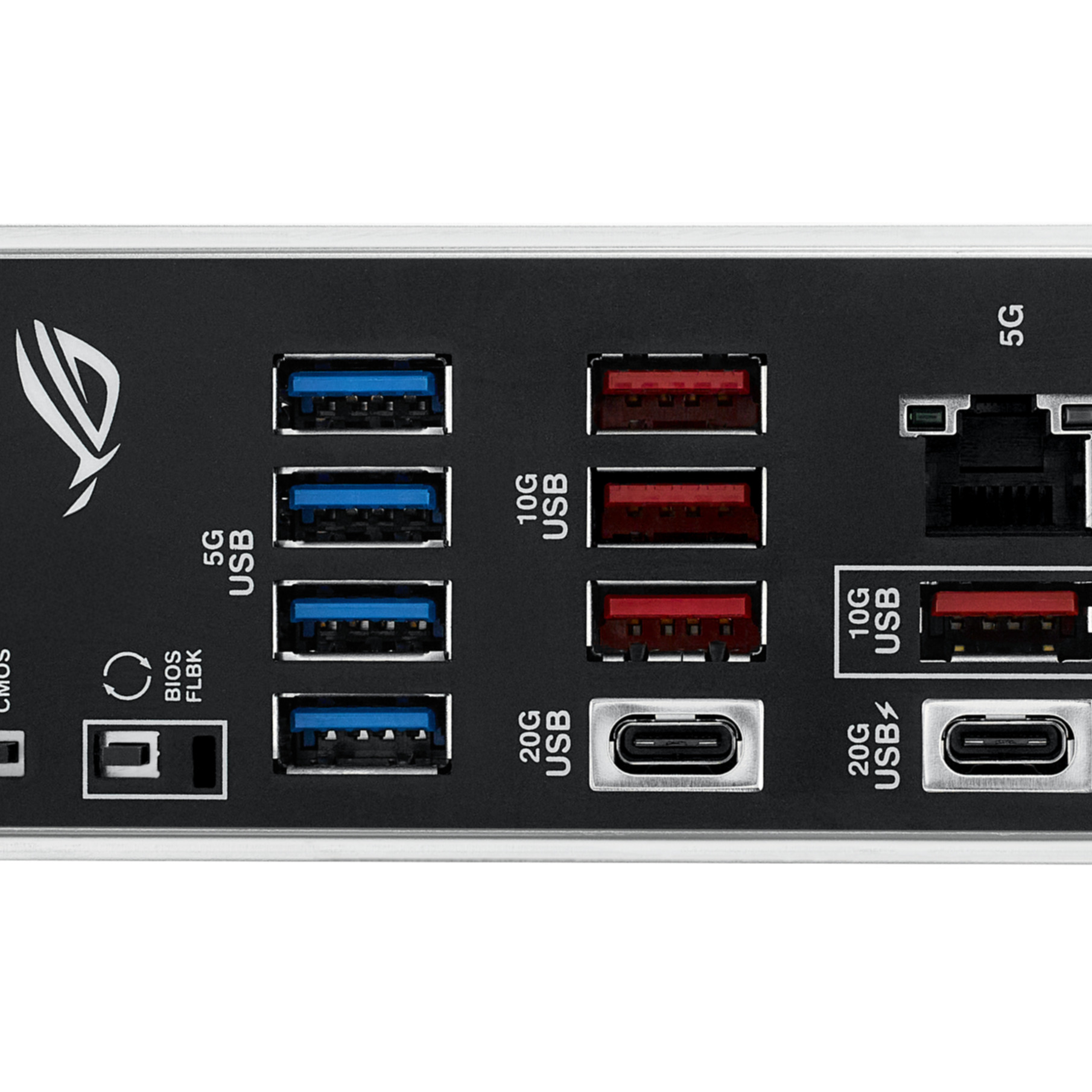 Panneau arrière de carte mère avec ports USB de différentes vitesses, dont des ports bleus et rouges, et un logo.
