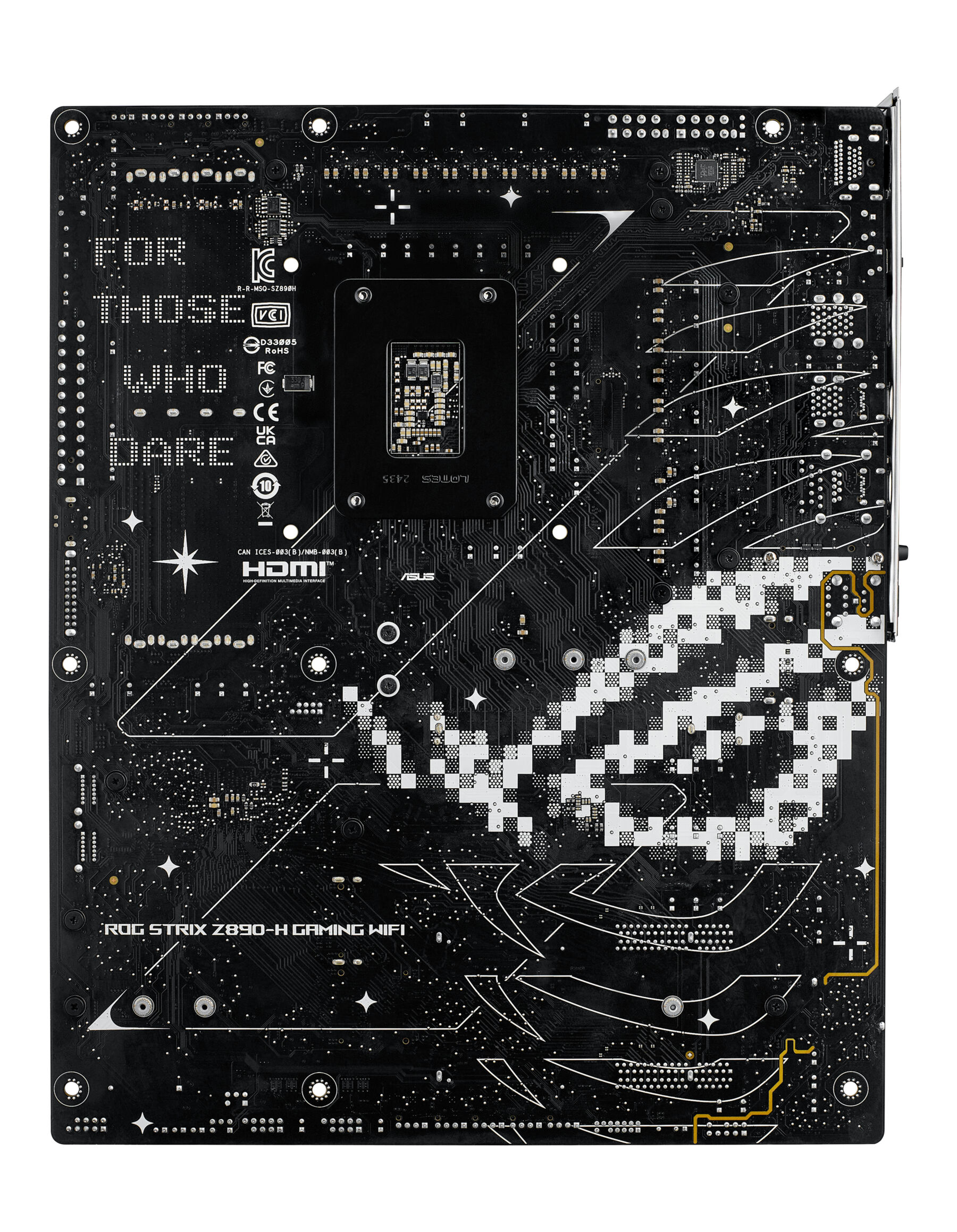 Circuit imprimé noir avec texte 'FOR THOSE WHO DARE' et 'ROG STRIX Z890-H GAMING WIFI'.