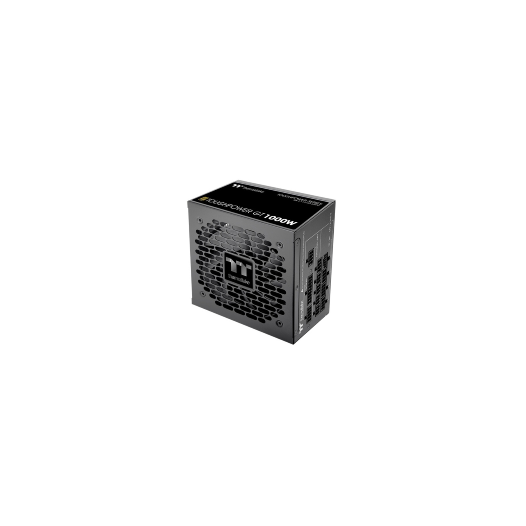 Een zwarte Thermaltake Toughpower GT 1000W voeding, met een mesh voorkant. De achtergrond is wit.