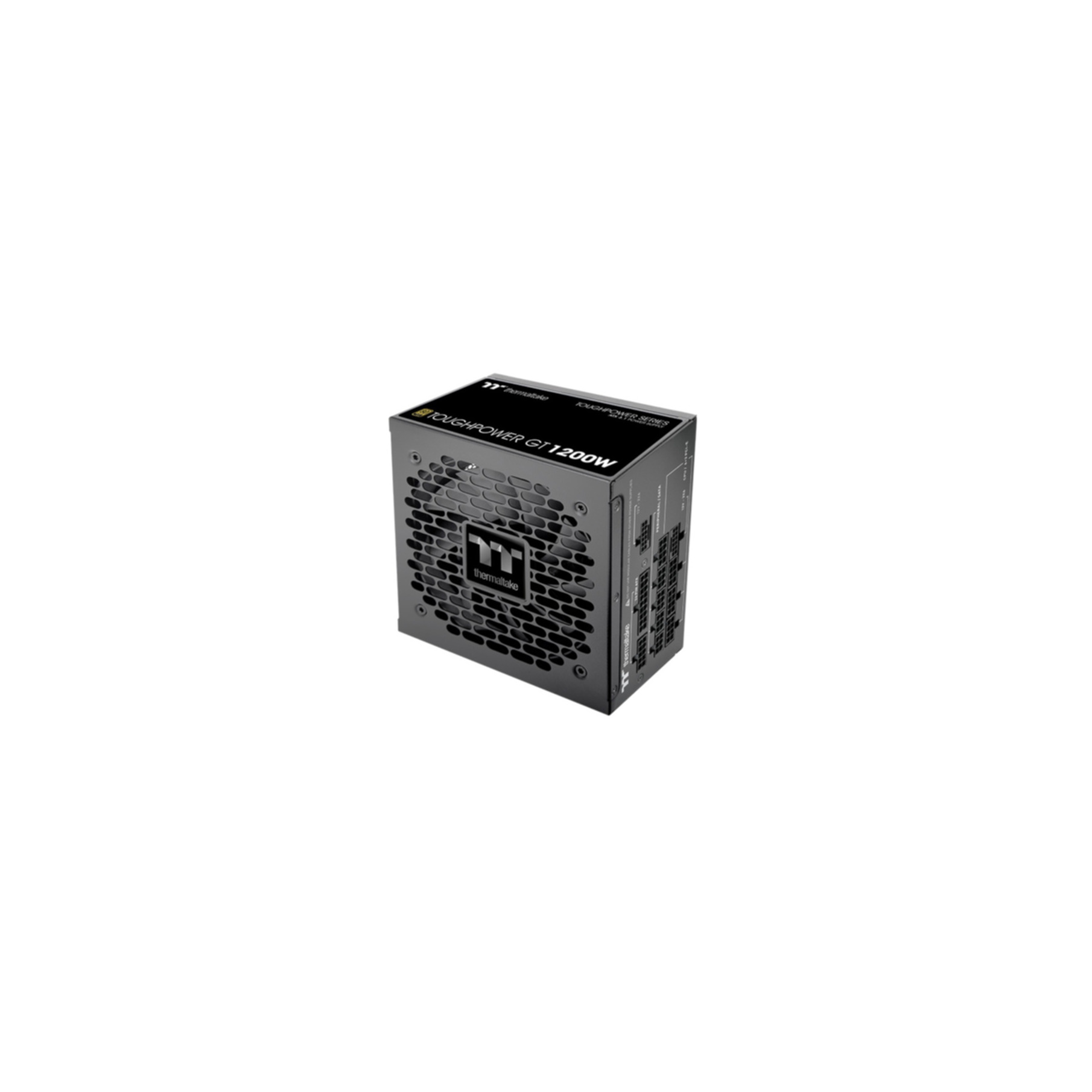 Een zwarte Thermaltake Toughpower GT 1200W voeding op een witte achtergrond. Het heeft een ventilator en connectoren.