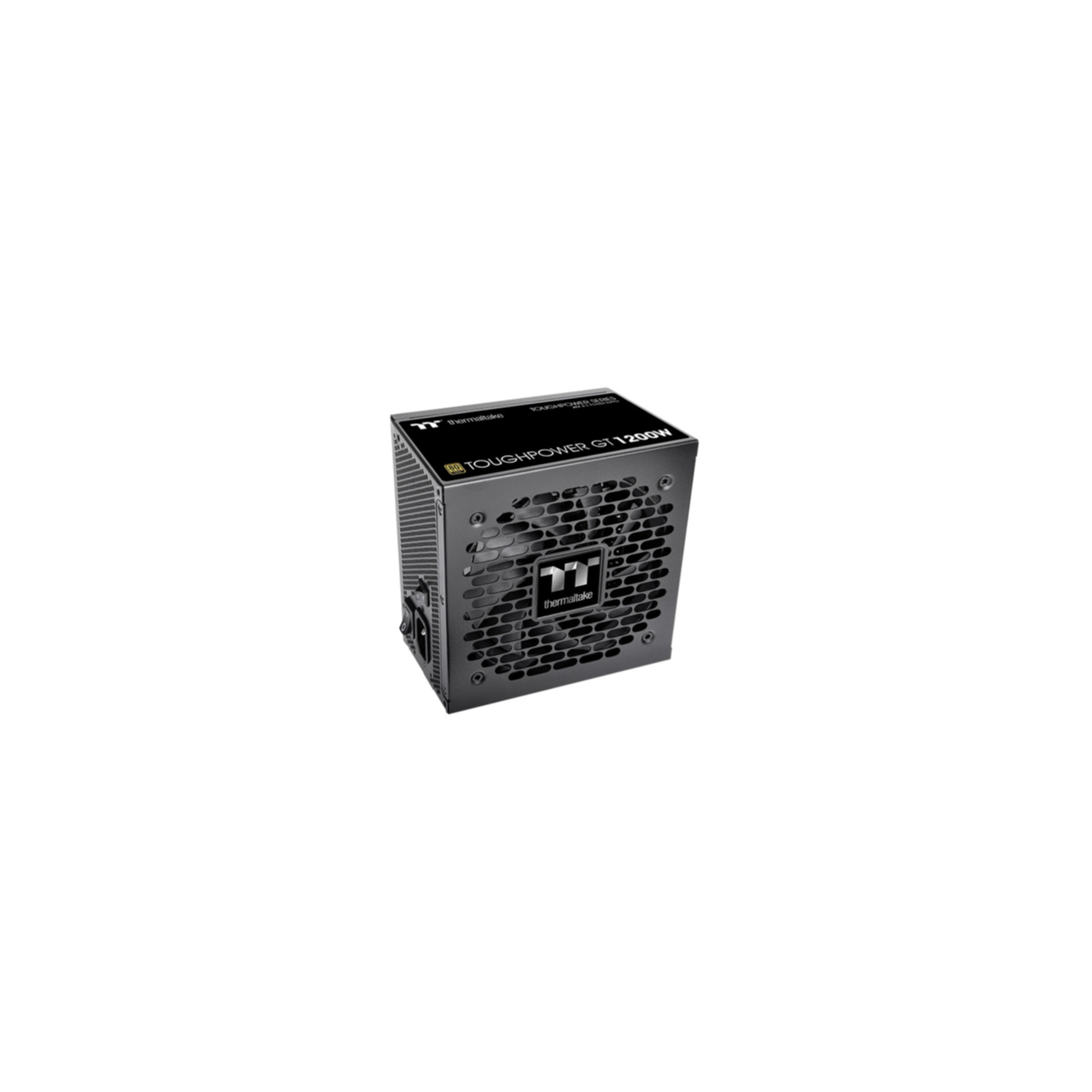 Een zwarte Thermaltake Toughpower GT 1200W voeding op witte achtergrond, met logo's en ventilatie.