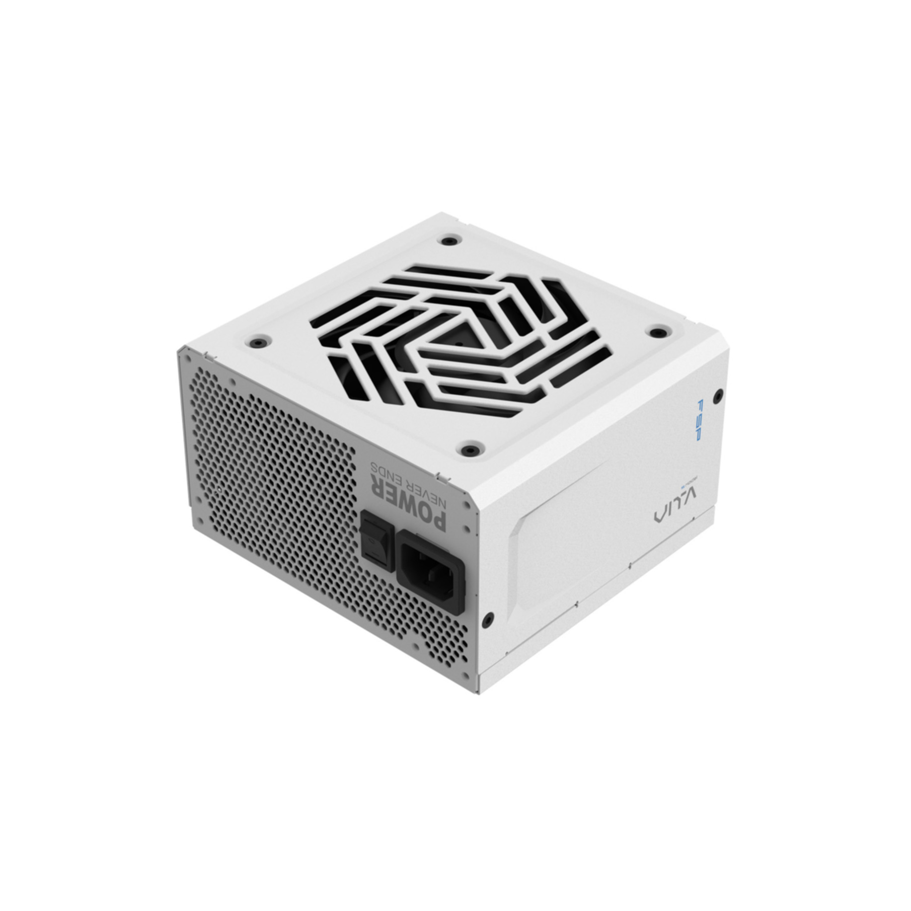A white power supply unit with a fan and power connectors. The text POWER NEVER ENDS is visible.