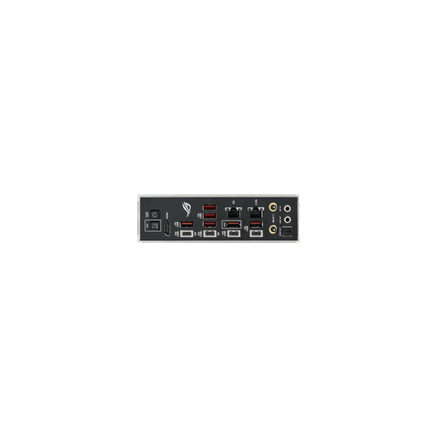 Rear panel of a computer motherboard. It has various ports: USB, HDMI, audio, Ethernet. The ROG logo is visible.