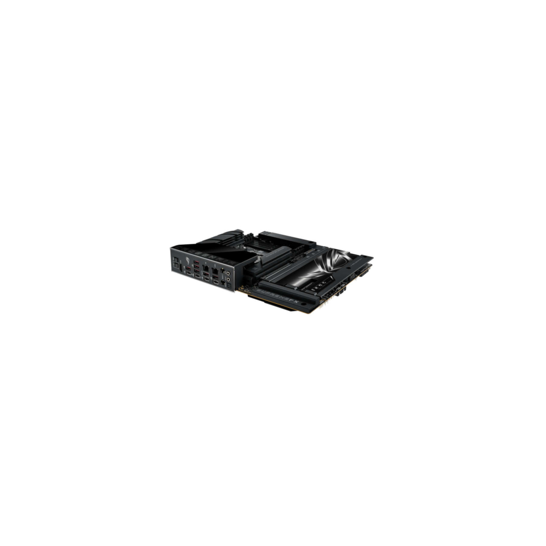 Black computer motherboard on a white background. It has several ports and slots. The brand is visible.