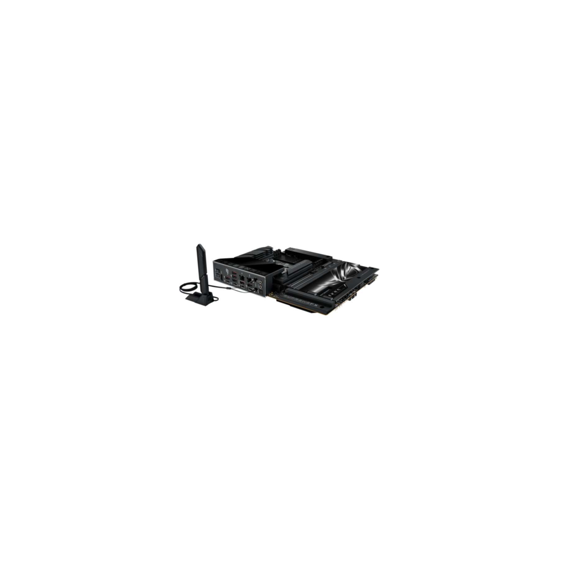 A black computer motherboard with an antenna, set against a white background.
