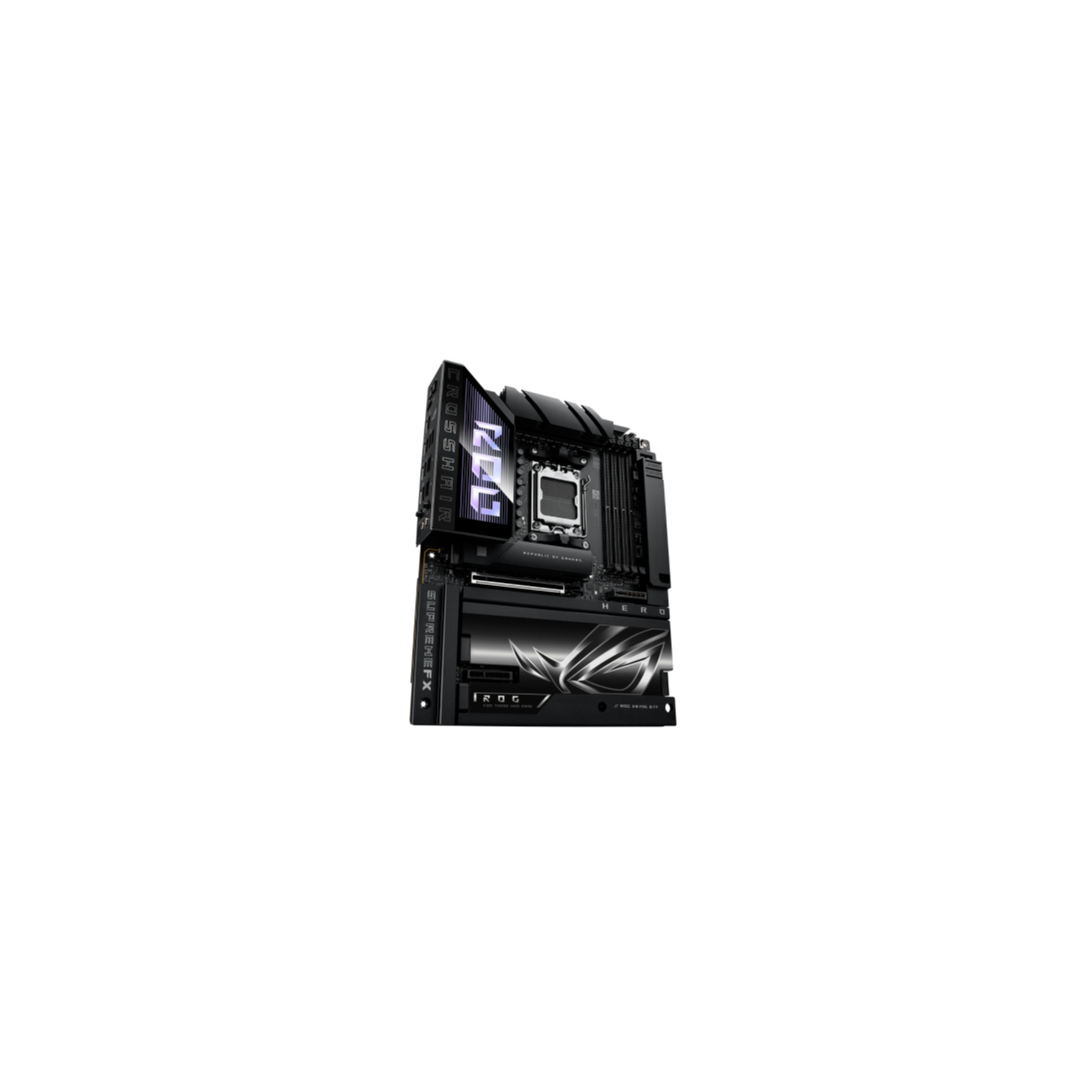 A black computer motherboard with ROG branding, surrounded by a white background.