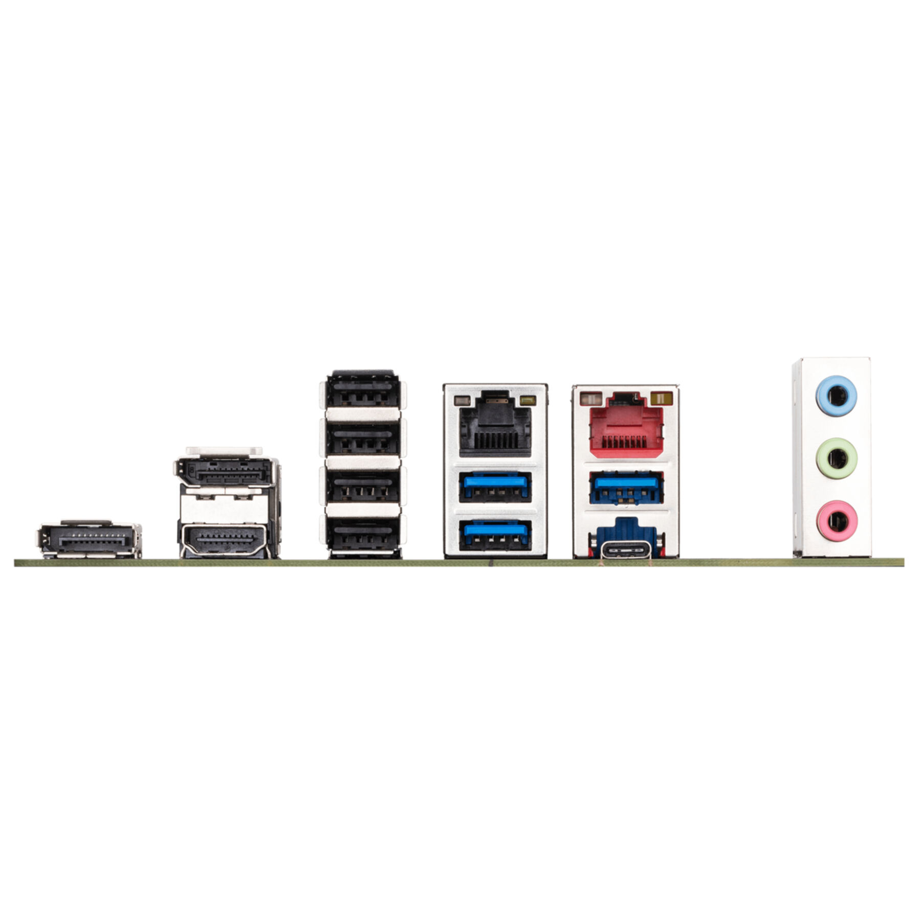 Computer-Motherboard-Anschlüsse. Enthält USB, HDMI, Audioanschlüsse und Netzwerkanschlüsse. Weißer Hintergrund.