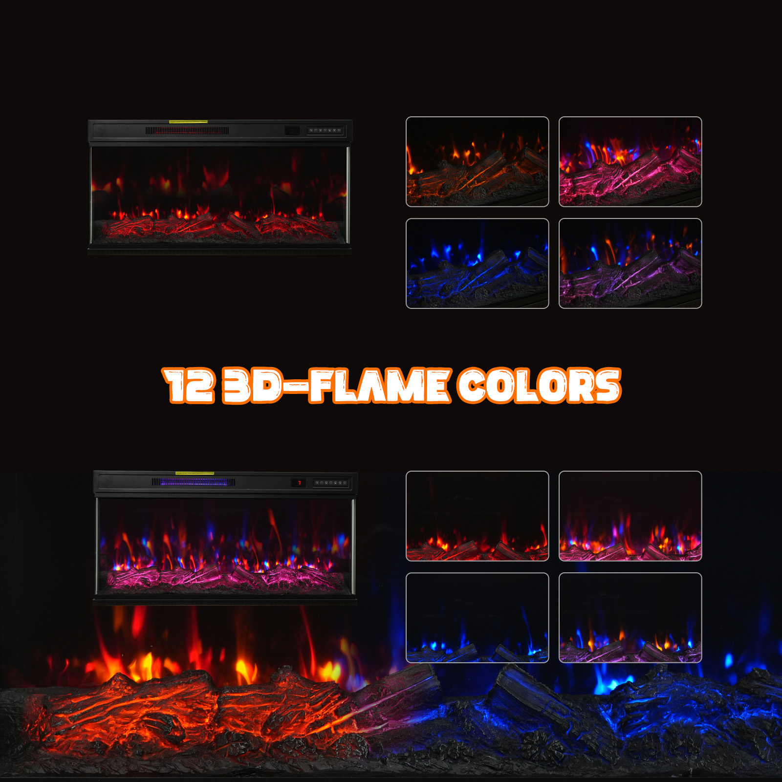 Elektryczny kominek wyświetla 12 kolorów płomienia. Obrazy pokazują kominek i opcje kolorów płomienia: czerwony, pomarańczowy, niebieski i fioletowy.