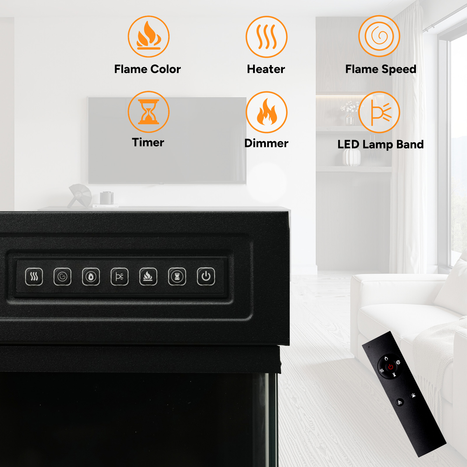 Czarny kominek z panelem sterowania i pilotem. Ikony wskazują kolor płomienia, grzałkę, timer, ściemniacz i taśmę LED.
