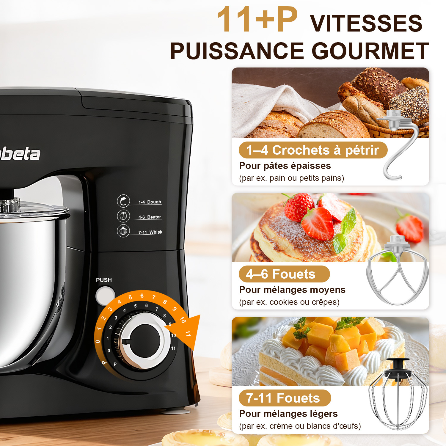 Schwarzer Küchenmixer mit Geschwindigkeitseinstellung, Zubehör und Beispielen: Brot, Pfannkuchen und Kuchen. Text beschreibt Einstellungen.