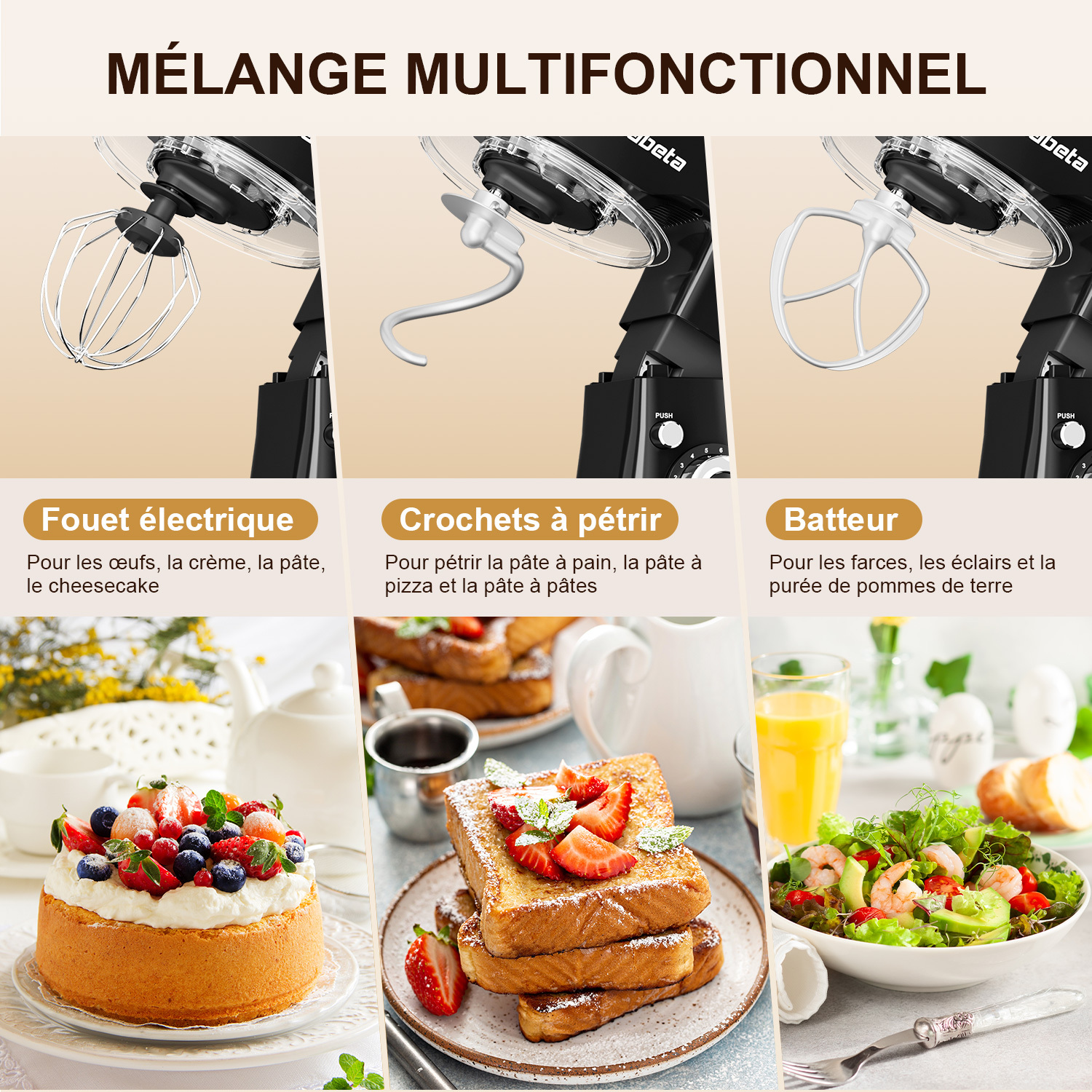 Ein multifunktionaler Mixer mit drei Aufsätzen. Darunter sind Bilder von Lebensmitteln: Kuchen, French Toast und Salat.