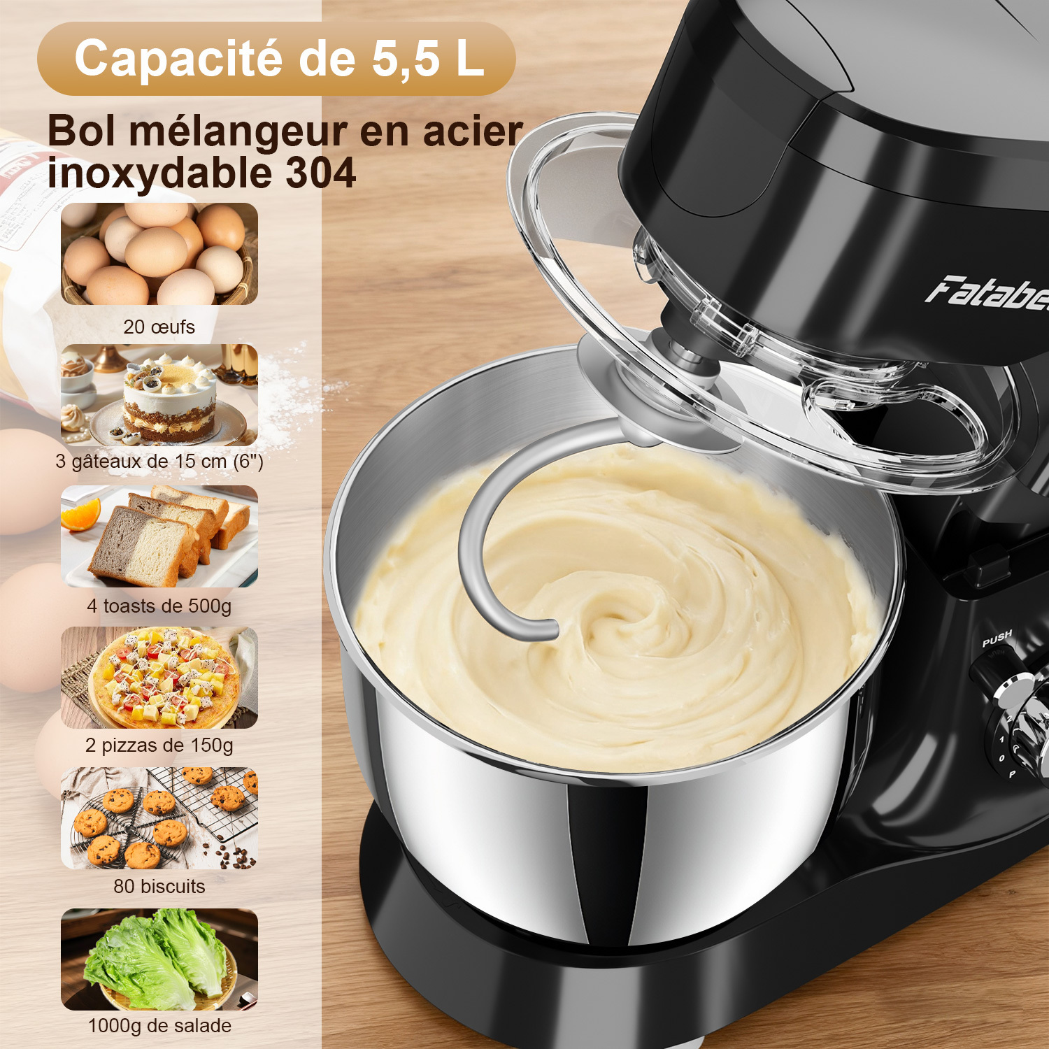 Ein schwarzer Küchenmixer mit einer Edelstahlschüssel mit Sahne. Zutaten wie Eier, Kuchen und Pizza werden angezeigt.