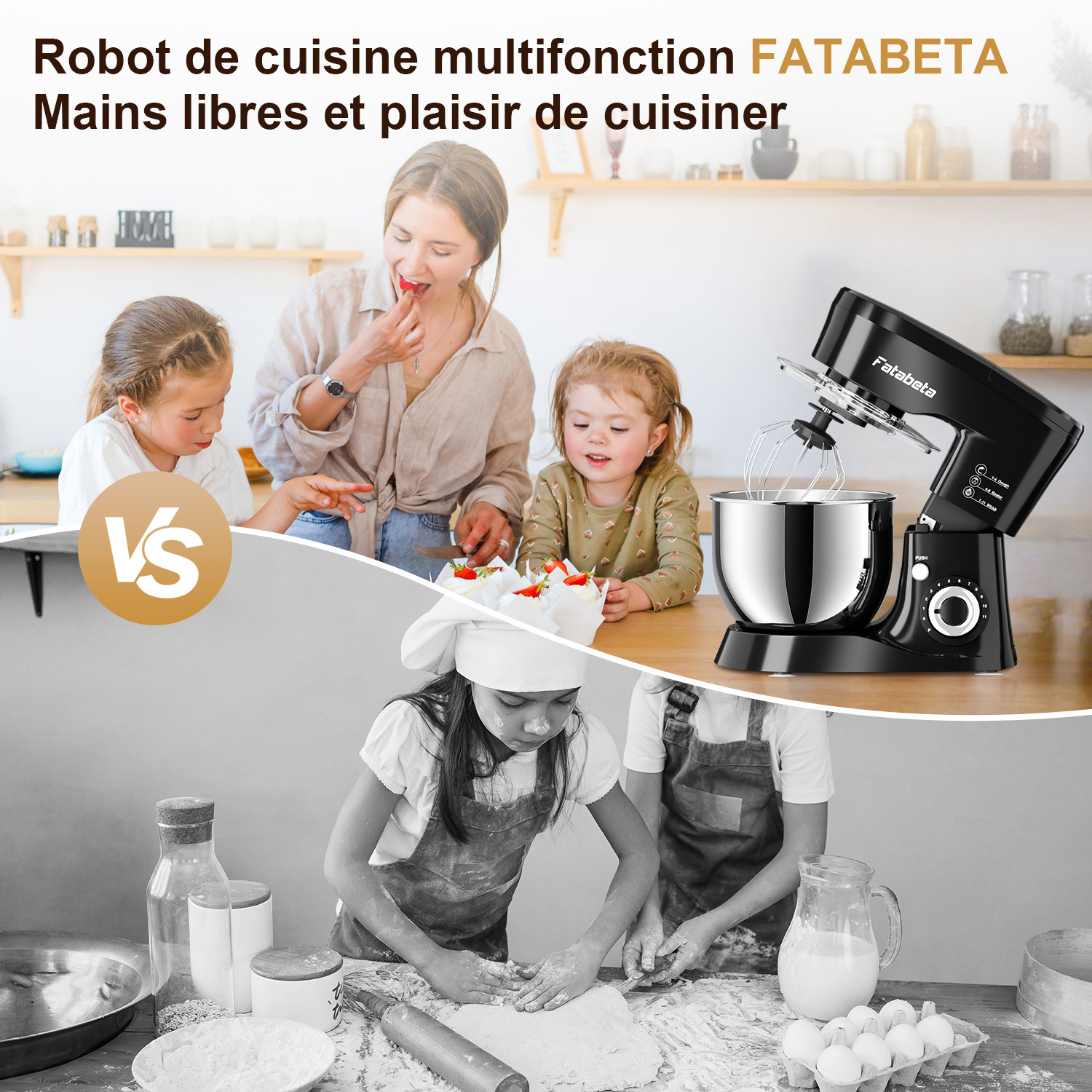 Eine Frau und zwei Kinder mit einem Mixer. Unten backen zwei Kinder. Davor befindet sich ein VS-Symbol.
