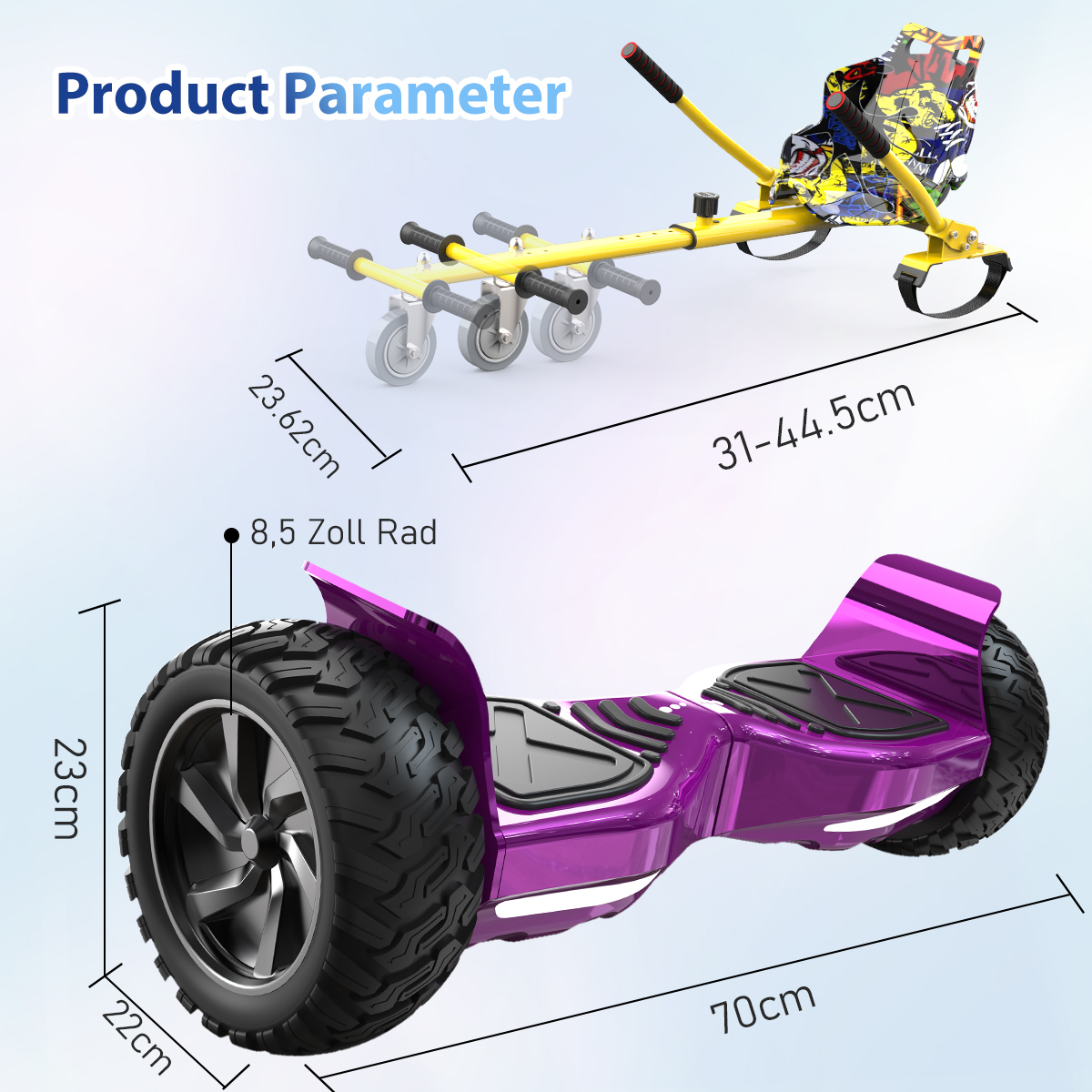 Afbeelding toont twee soorten voertuigen: een gele kart en een paars hoverboard, met afmetingen in cm en inches.