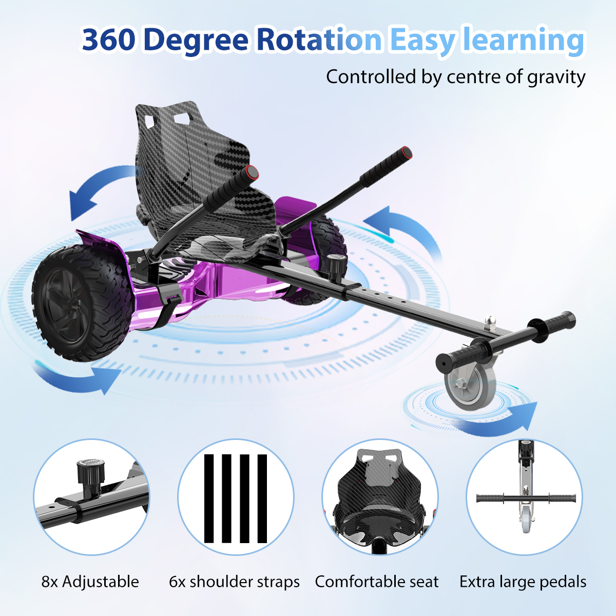 Un go-kart morado y negro. Cuenta con un asiento cómodo, piezas ajustables y pedales extra grandes. El texto dice: Rotación de 360 grados.