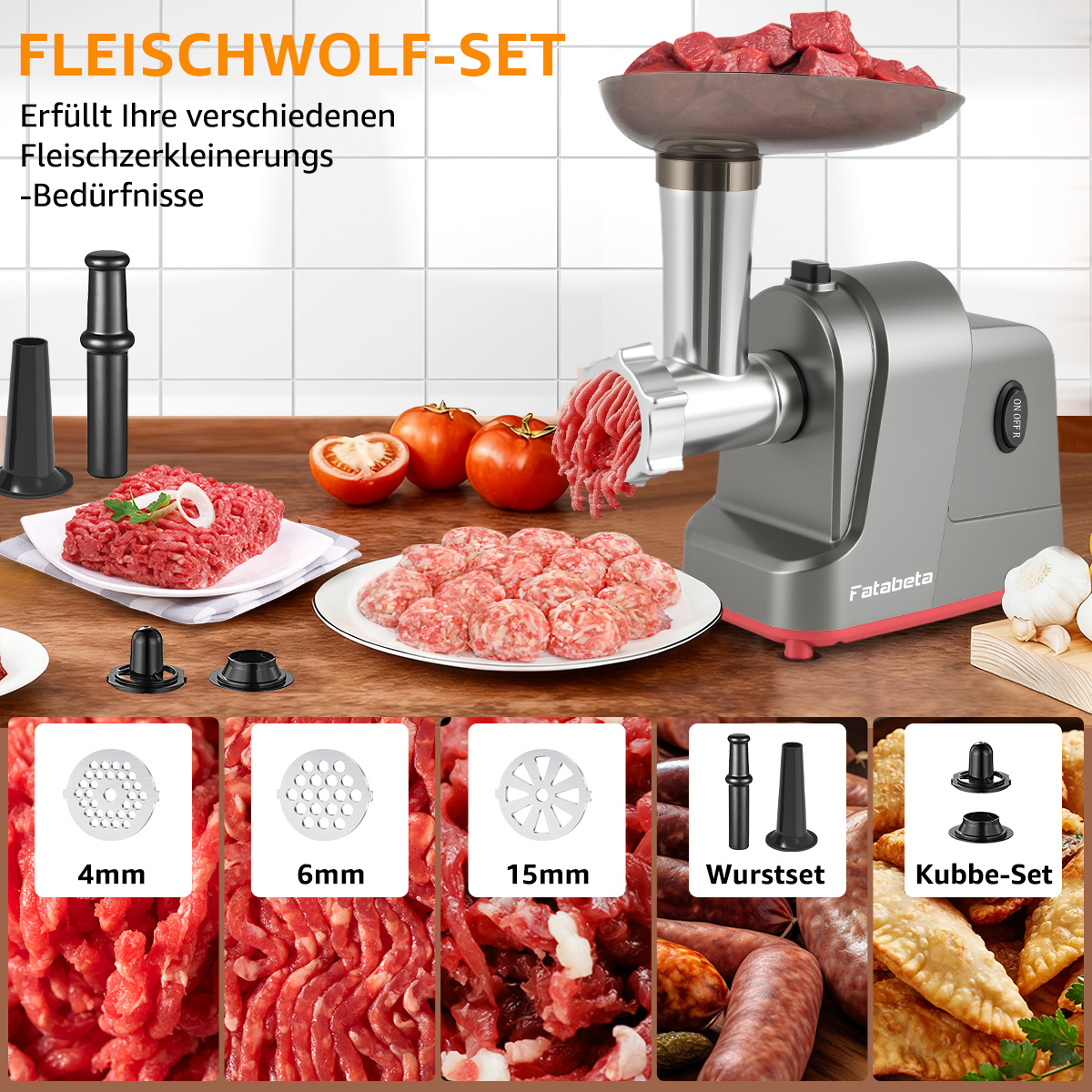 Ein Fleischwolf-Set mit verschiedenen Aufsätzen. Enthält Hackfleisch, Tomaten und Würstchen. Der Wolf ist grau und rot, mit 'Fatabeta'.