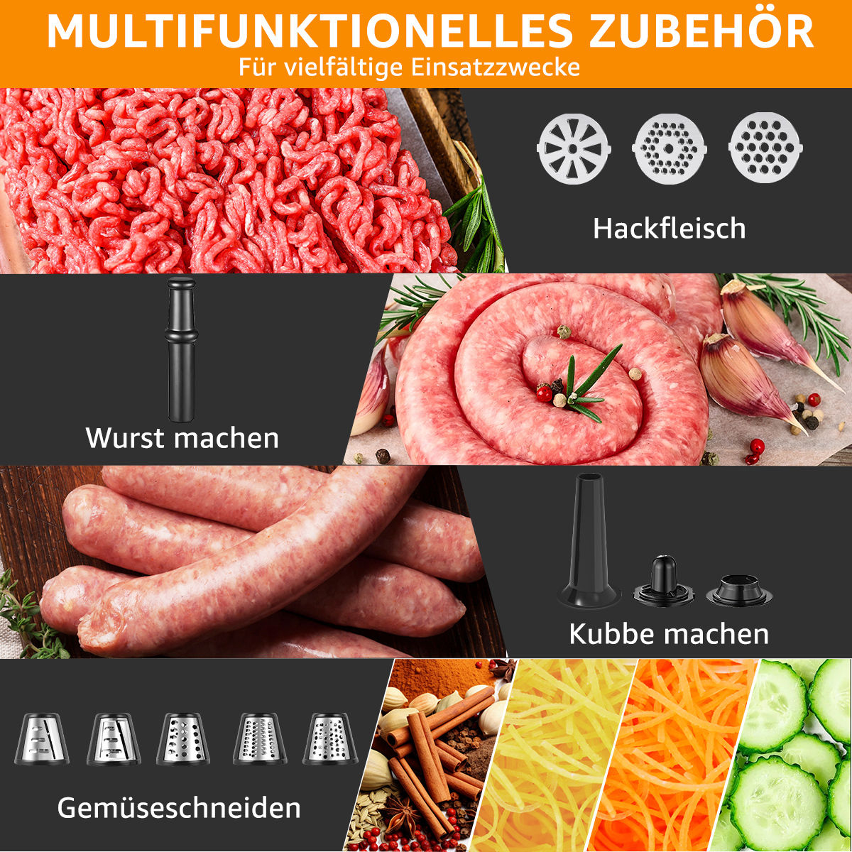 Das Bild zeigt Fleisch, Wurst, Knoblauch und Gemüse. Es zeigt auch Aufsätze zum Hacken, Wurstmachen und Gemüseschneiden.