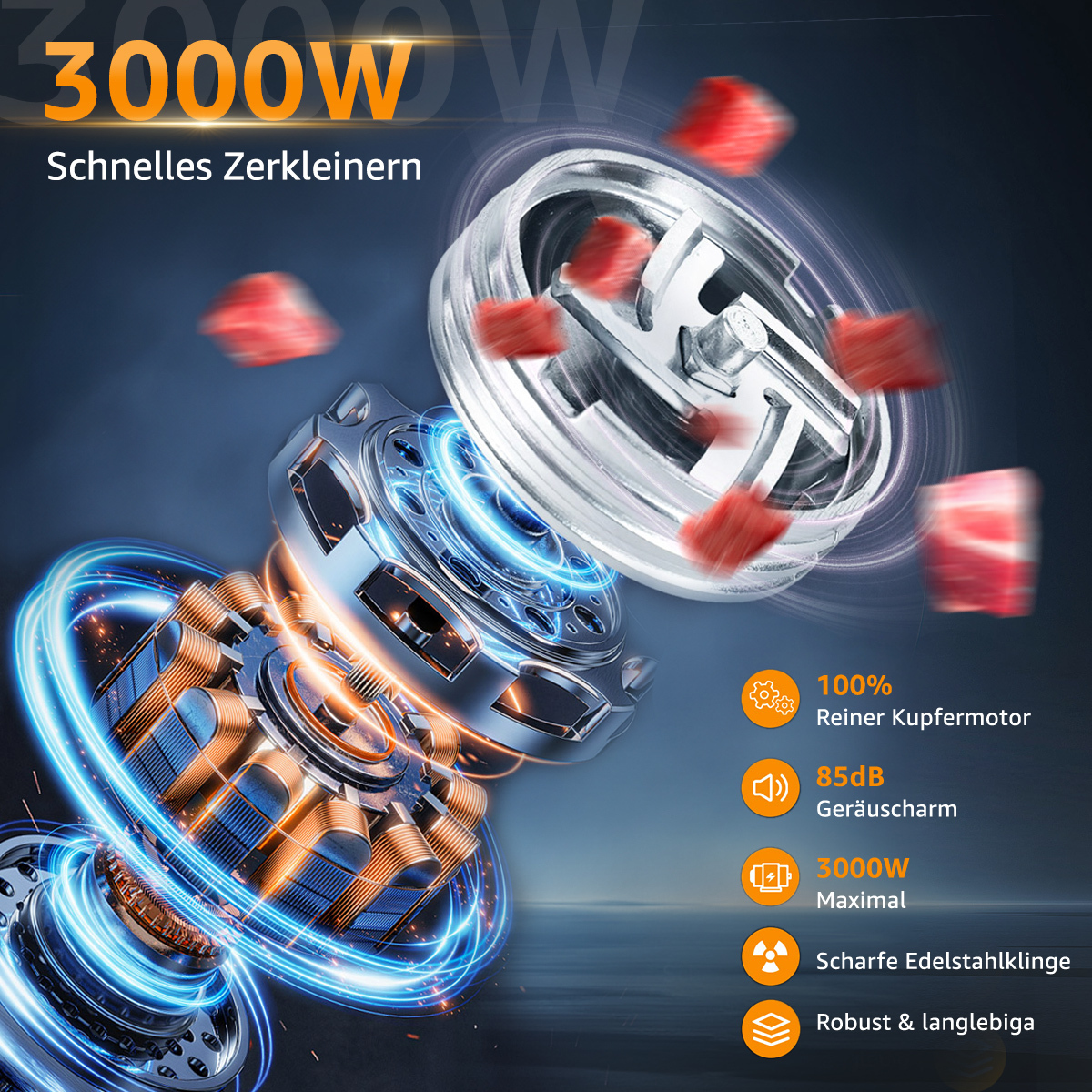 Das Bild zeigt einen Zerkleinerer mit sich bewegenden Fleischwürfeln. Es hebt Funktionen wie einen 3000-W-Motor und Edelstahlklingen hervor.