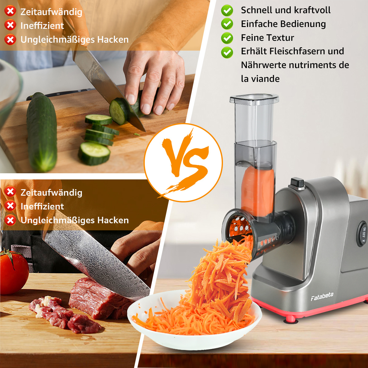 Das Bild zeigt einen Vergleich: Gemüse von Hand hacken vs. mit einem Food-Processor. Der Prozessor ist schneller und effizienter.