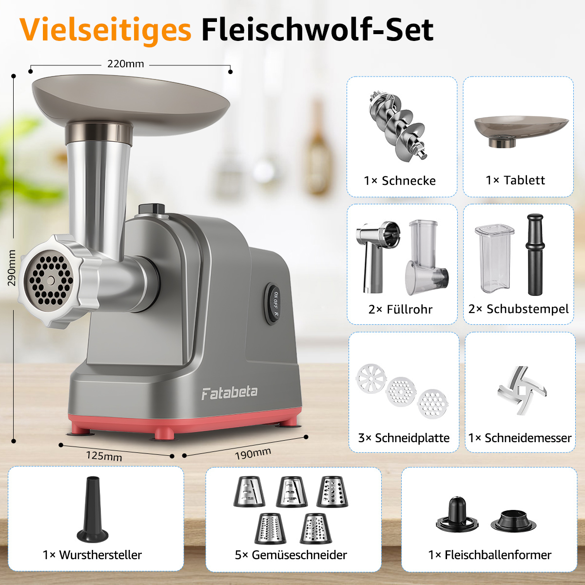 Ein grauer Fleischwolf mit verschiedenen Aufsätzen wie Schneidplatten und Gemüseschneidern wird mit Abmessungen angezeigt.