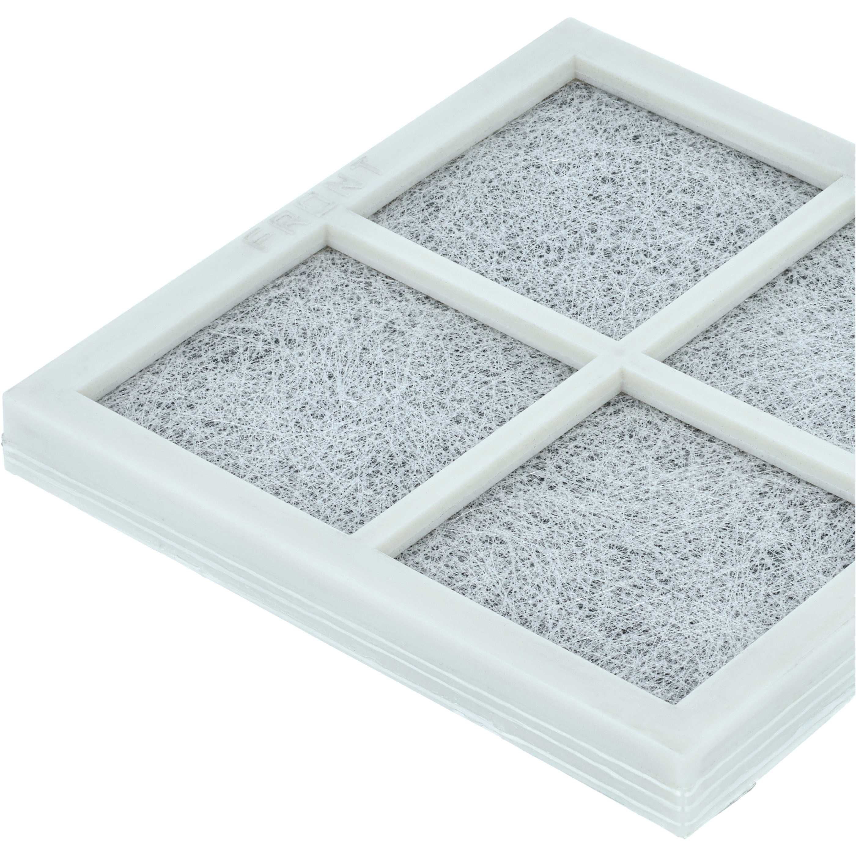 Ein weißer Luftfilter mit gitterartiger Struktur. Das Filtermaterial ist grau, der Rahmen weiß, mit dem Wort 'FRONT'.