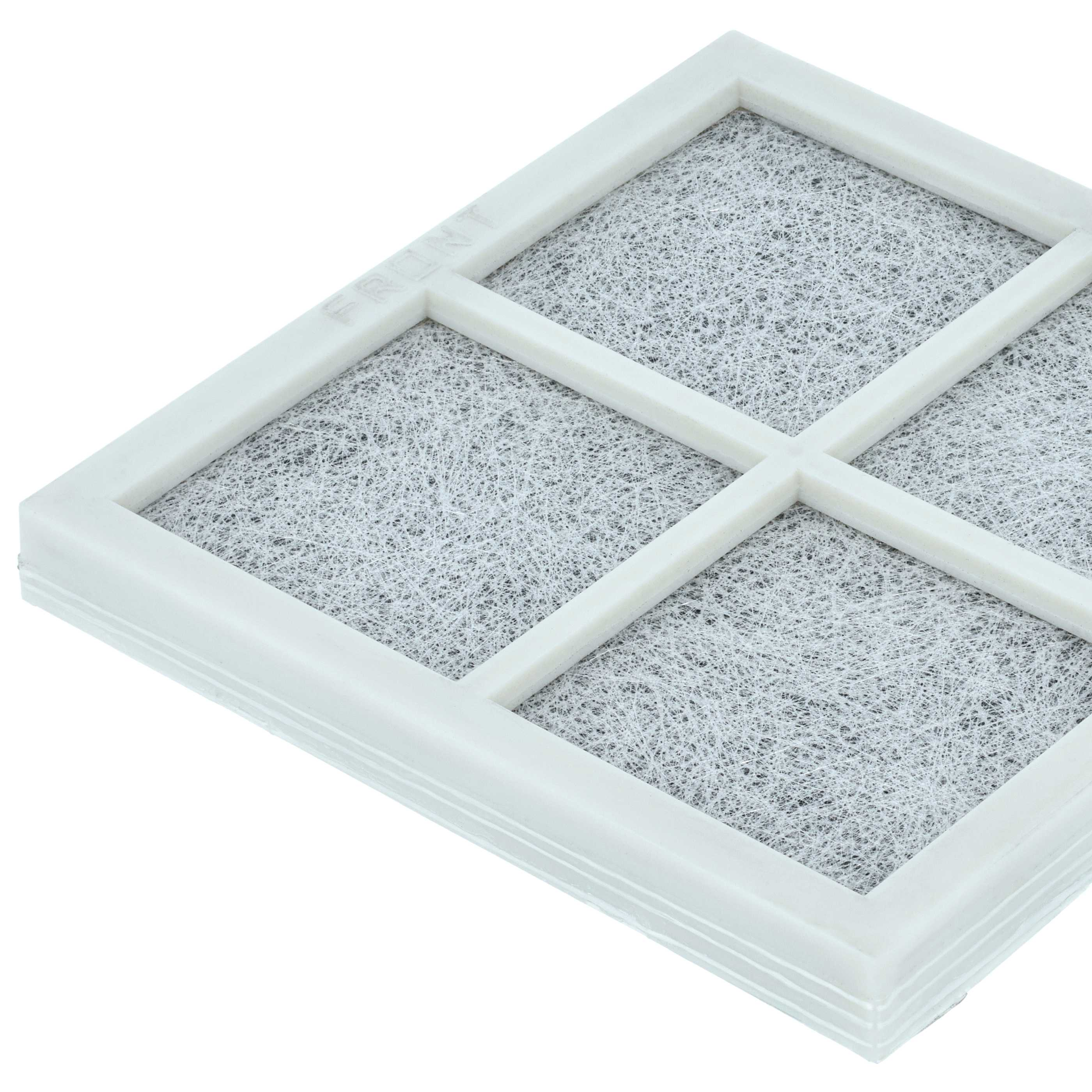 Ein weißer Luftfilter mit einem Gitter aus weißem Kunststoff und einem grauen Filtermaterial im Inneren. Das Wort VORNE ist sichtbar.