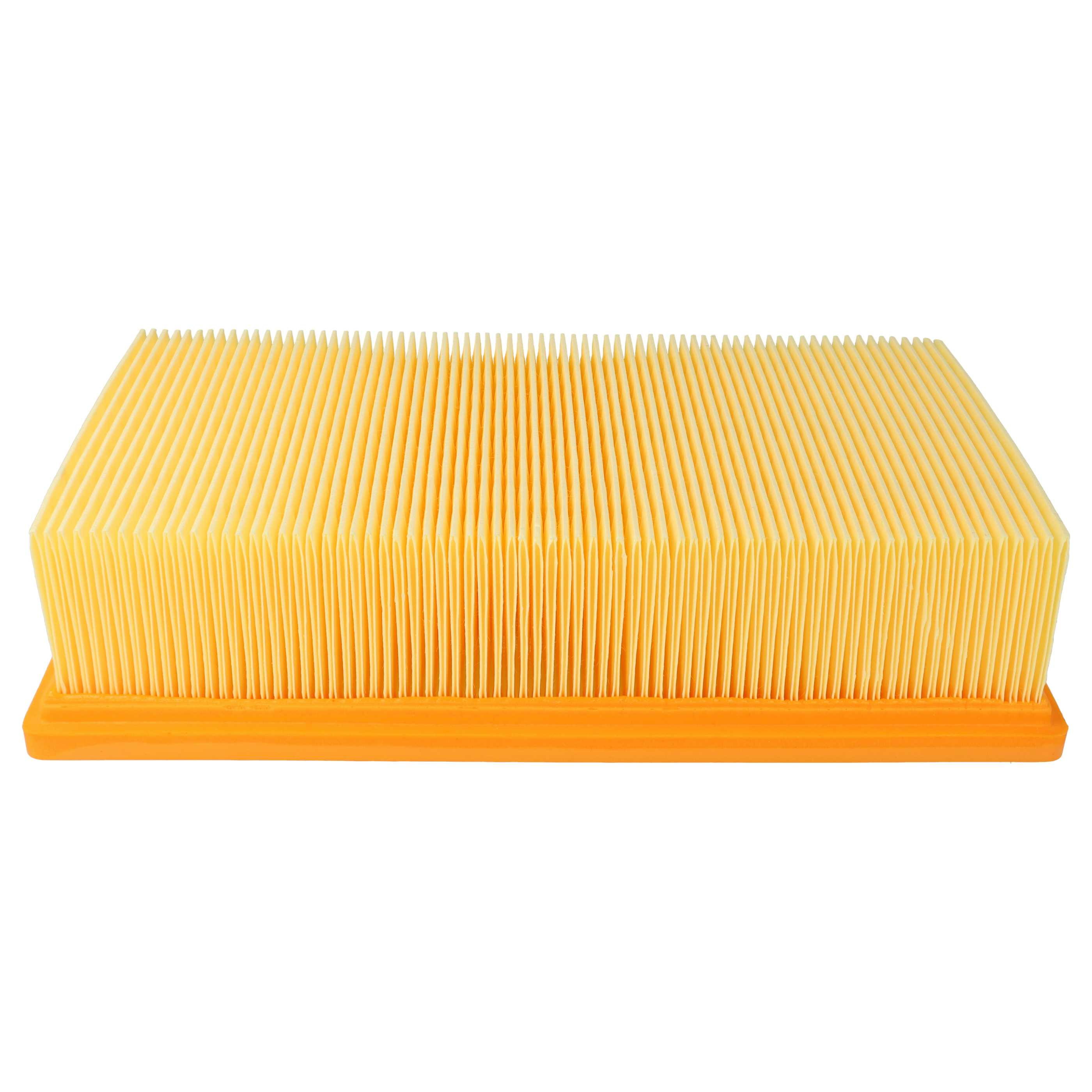 Ein rechteckiger Luftfilter, gelbes gefaltetes Papier mit orangefarbenem Rahmen, vor weißem Hintergrund.