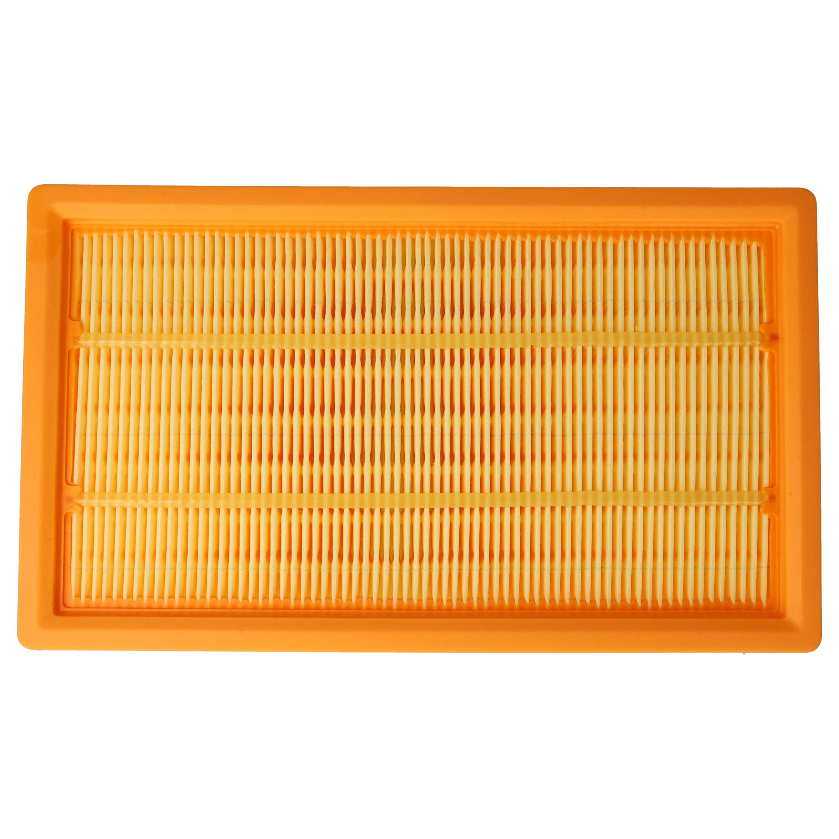 Ein orangefarbener Luftfilter mit vielen gelben rechteckigen Löchern. Der Filter befindet sich auf weißem Hintergrund.