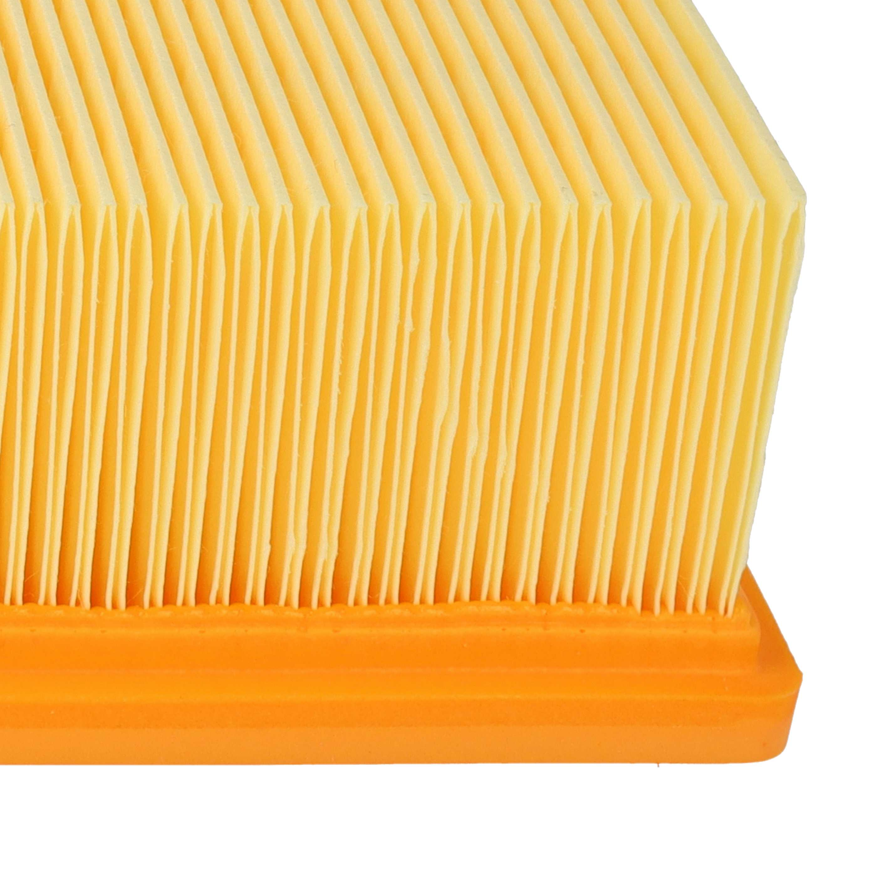 Nahaufnahme eines Luftfilters. Er hat gelbes, plissiertes Filtermedium und eine orangefarbene Basis, vor weißem Hintergrund.