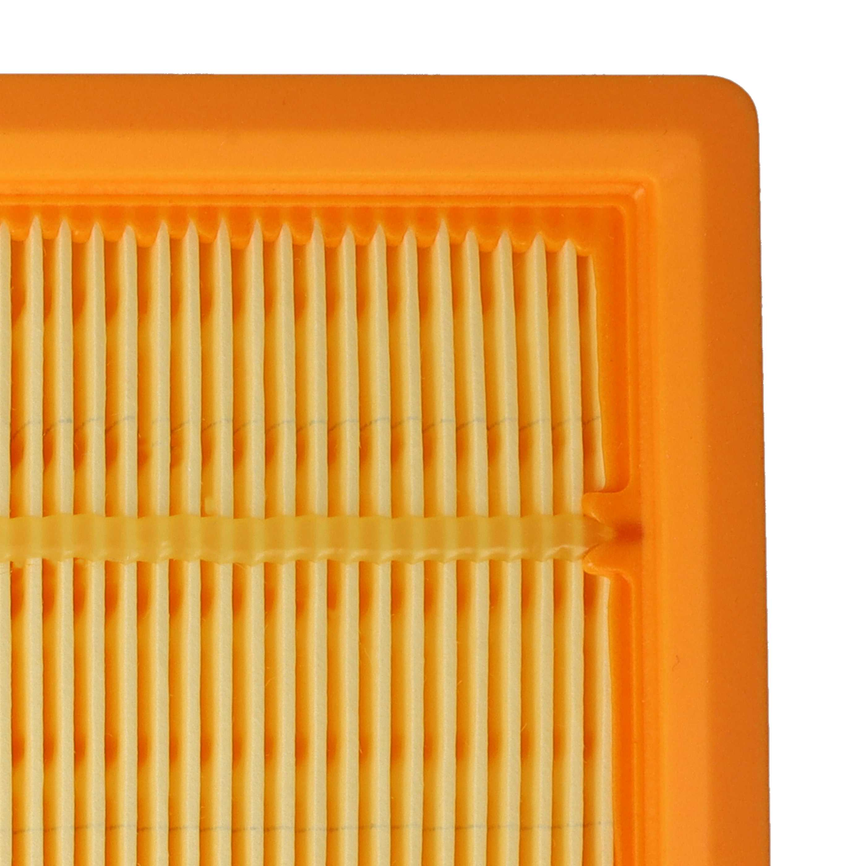 Nahaufnahme eines orangefarbenen Luftfilters. Vertikales, paralleles, gelb-weißes Filtermedium in einem orangefarbenen Rahmen.