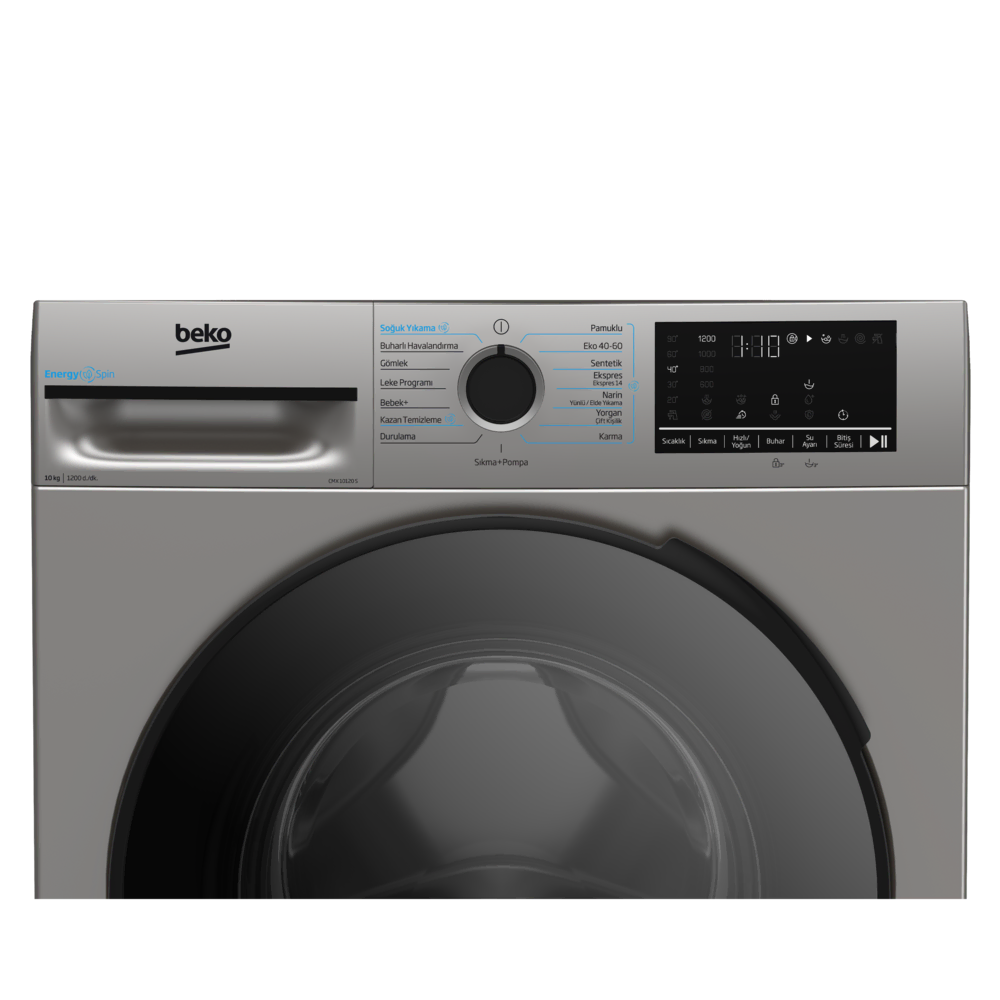 Beko çamaşır makinesinin kontrol panelinin yakın çekimi, program seçenekleri ve dijital ekran içeriyor.