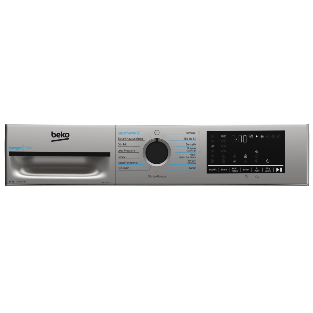 Beko çamaşır makinesi kontrol paneli, program seçenekleri ve zamanı gösteren dijital ekran.