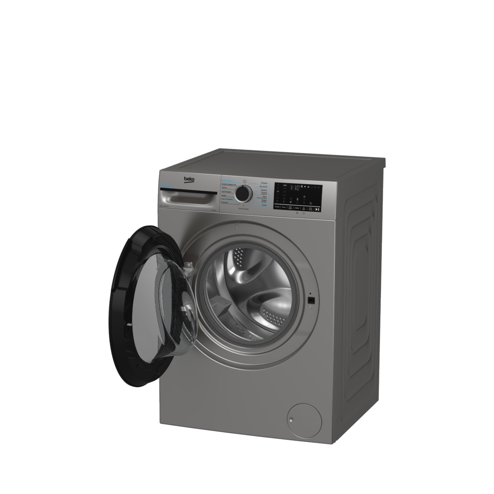Kapısı açık gümüş renkli bir Beko çamaşır makinesi. Kontrol paneli görülebilir. Tambur metaliktir. Kapının siyah çerçevesi vardır.