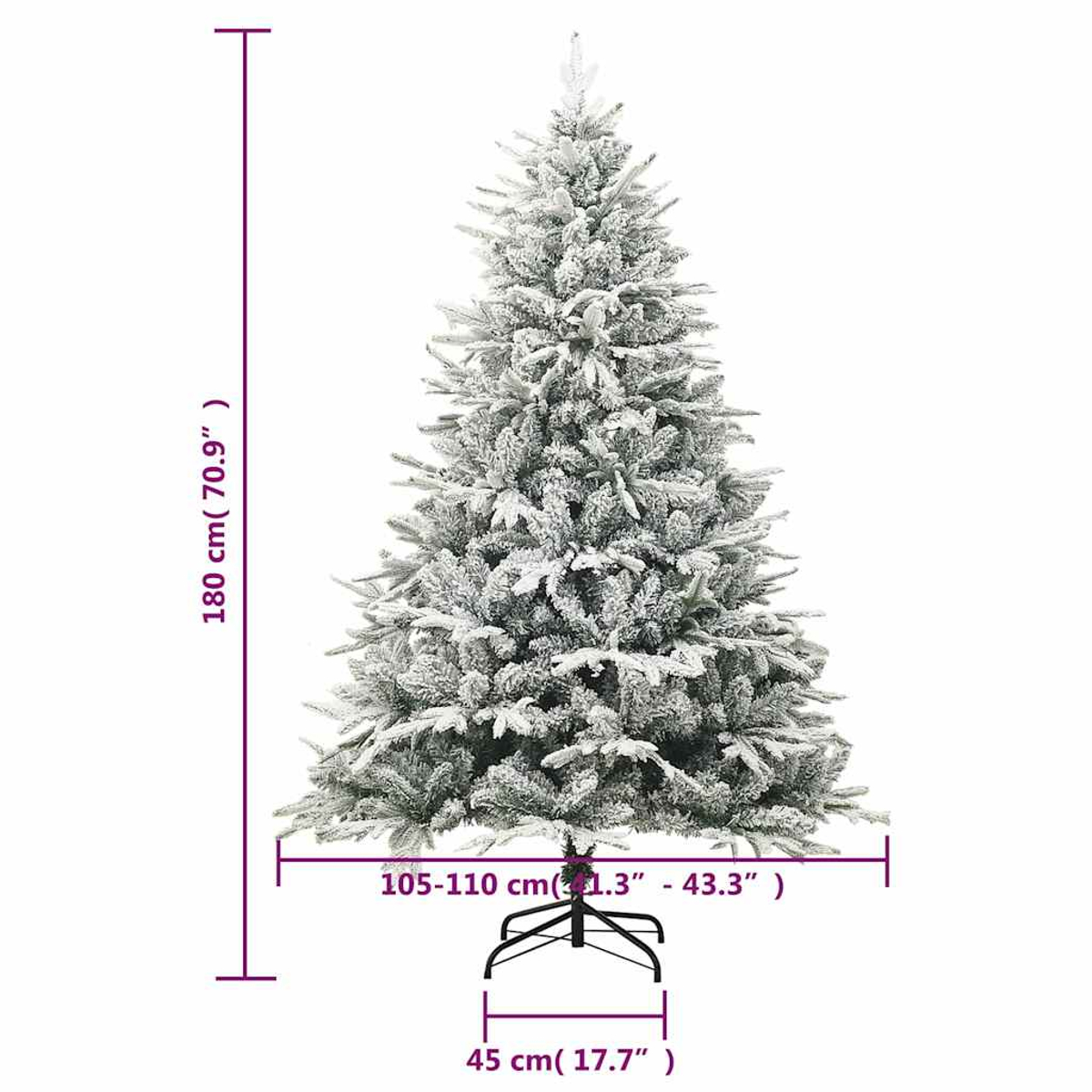 Ein geschmückter Weihnachtsbaum mit Maßen wird gezeigt. Er ist 180 cm hoch und 105-110 cm breit. Der Ständer ist 45 cm breit.
