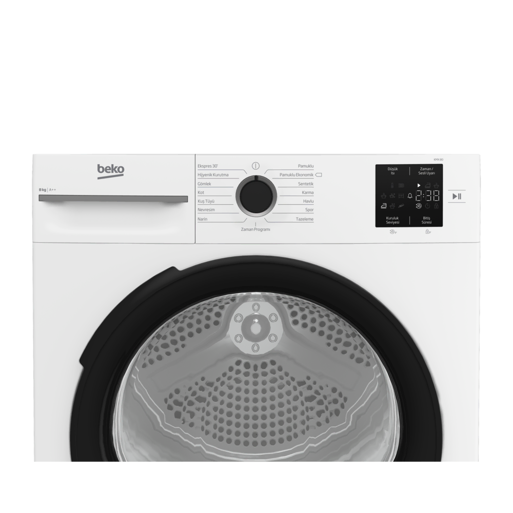 Siyah kapılı beyaz Beko kurutma makinesi. Kontrol paneli ve dijital ekranı var.