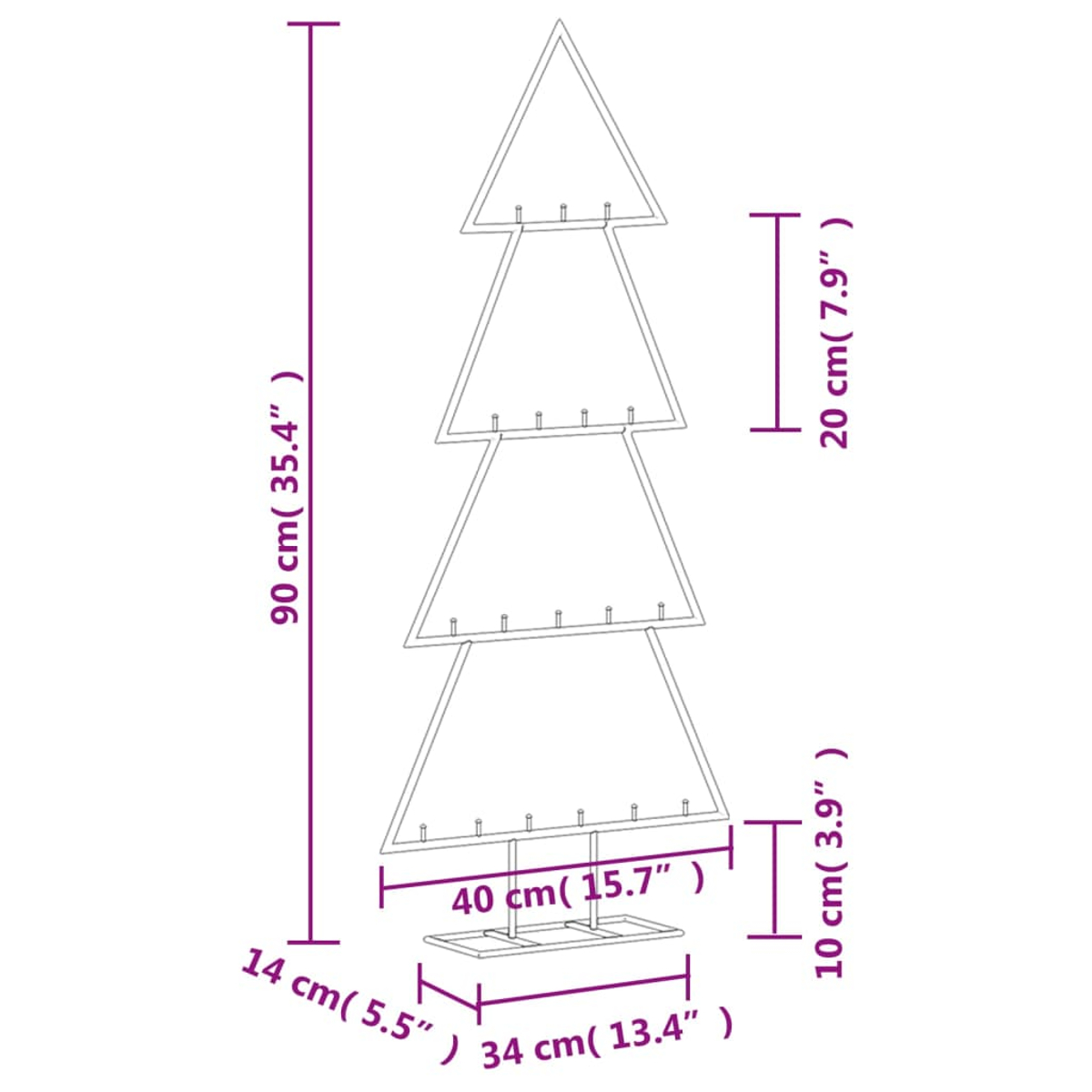 Metall-Weihnachtsbaumförmige Anzeige. Abmessungen sind beschriftet: Höhe 90 cm, Breite 40 cm, Basis 34 cm. Maße in Zoll sind ebenfalls angegeben.