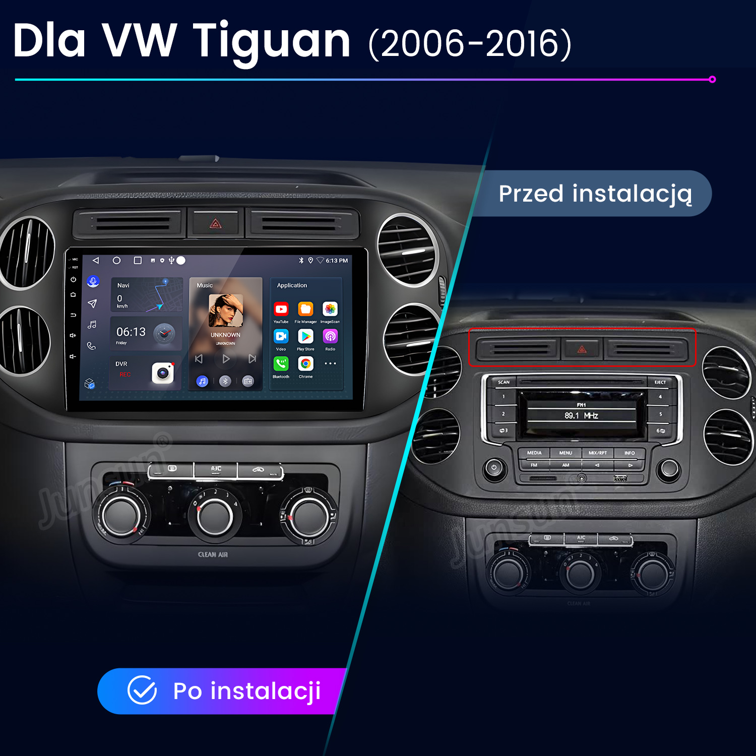 Porównanie deski rozdzielczej samochodu przed i po instalacji nowego ekranu. Pokazuje nawigację, muzykę i opcje aplikacji.