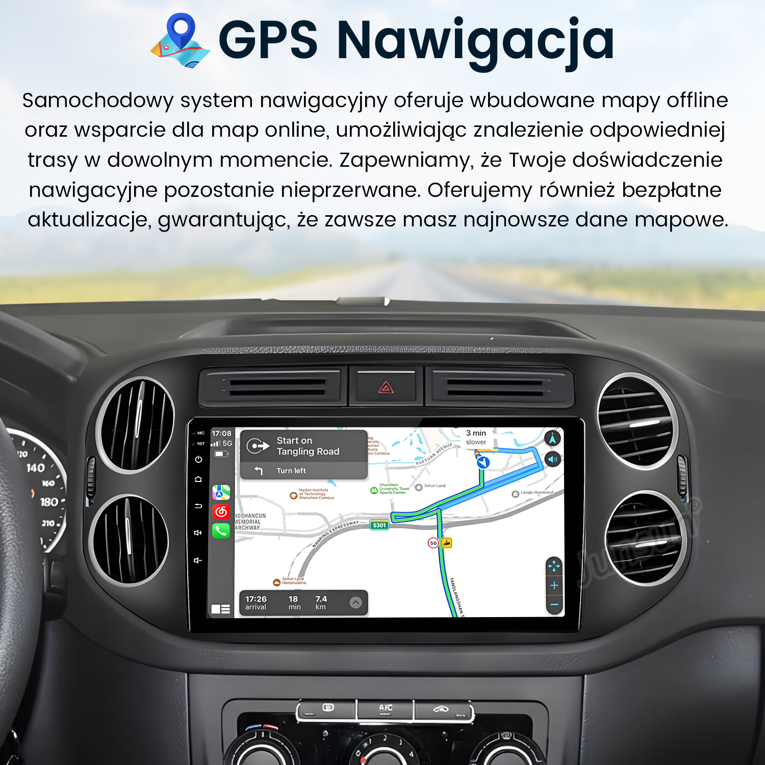 System nawigacji samochodowej z mapą na ekranie, pokazujący wskazówki. Widoczna jest również deska rozdzielcza i kierownica.