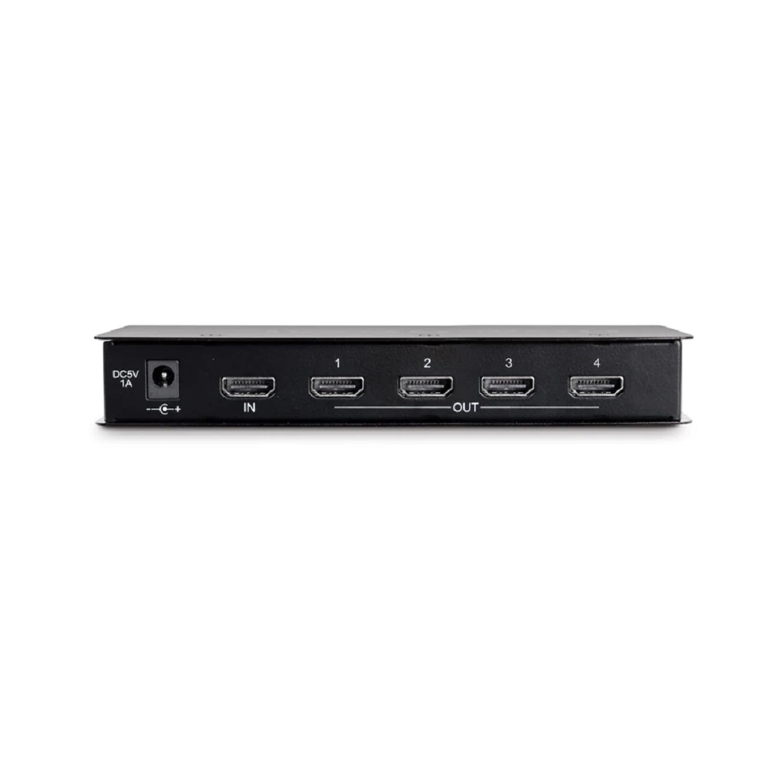Un conmutador HDMI negro con puertos de entrada y salida. Tiene un puerto de alimentación y los números 1-4. El fondo es blanco.