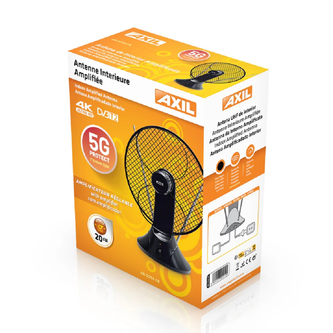 Pokazano pudełko z czarną anteną. Tekst na pudełku to 'AXIL', 'Amplified Antenna' i '5G Protect'.