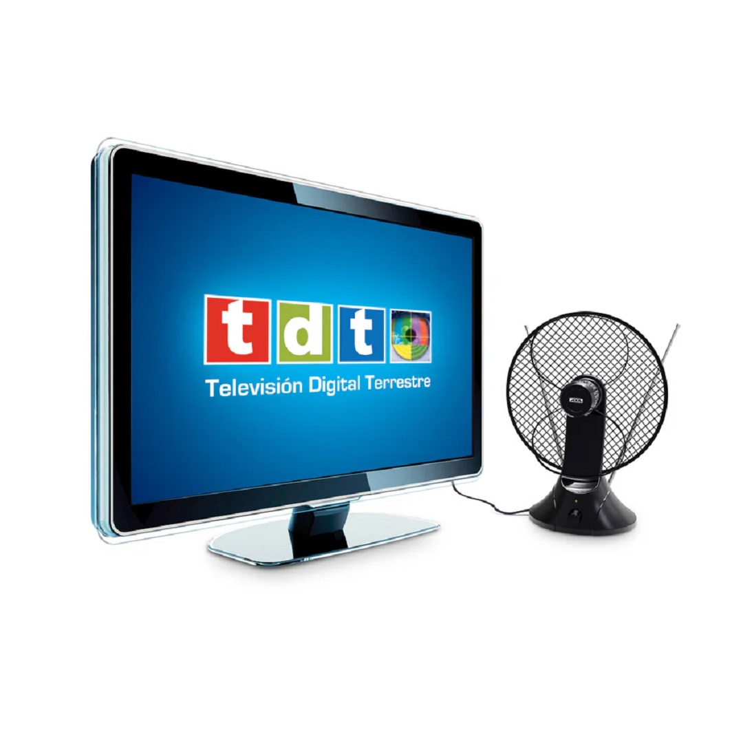 Ekran telewizora wyświetla logo 'tdt'. Czarna antena znajduje się obok telewizora. Telewizor ma srebrną podstawę i ramę.