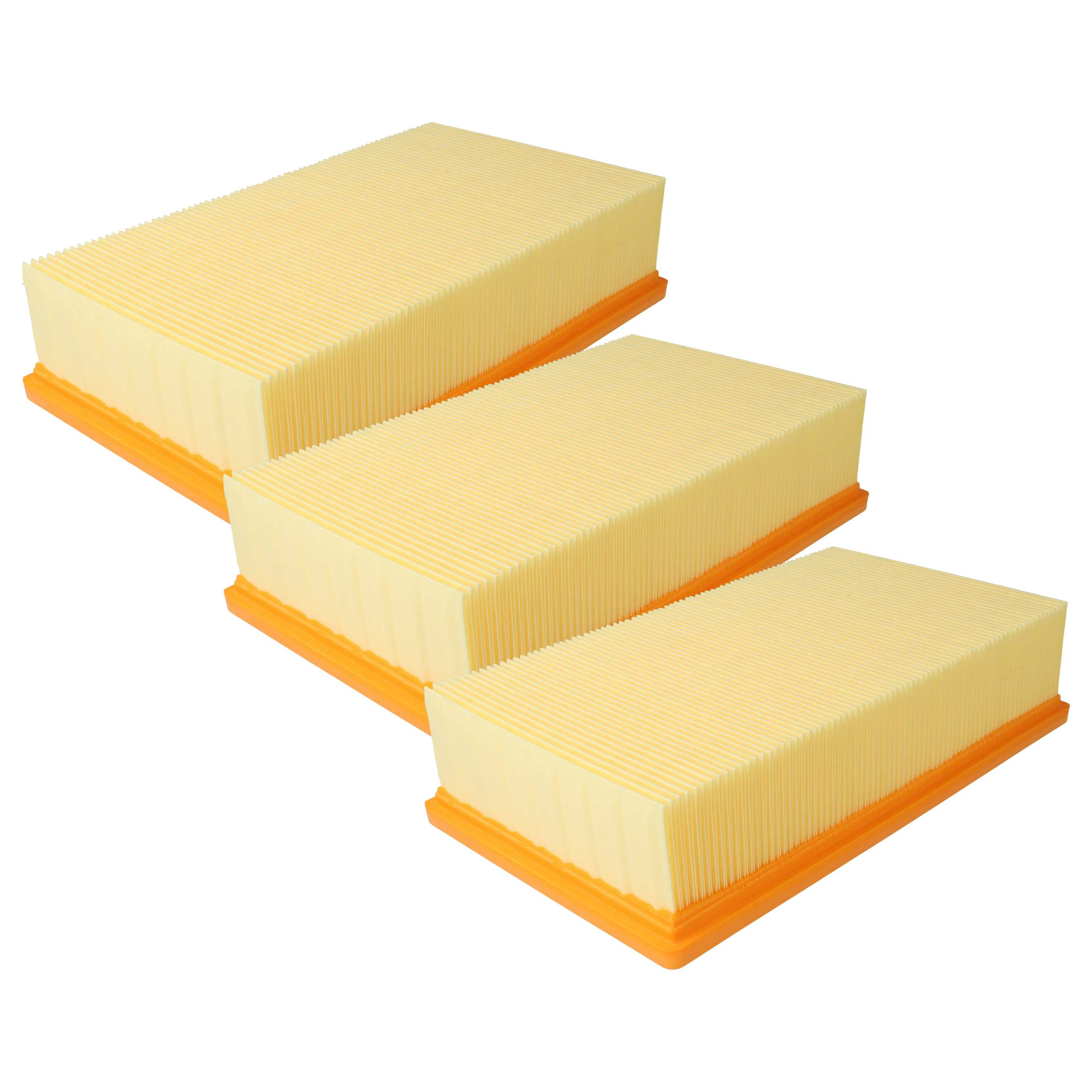 Tre filtri dell'aria rettangolari. Hanno un filtro pieghettato giallo chiaro con basi arancioni. Isolati su sfondo bianco.