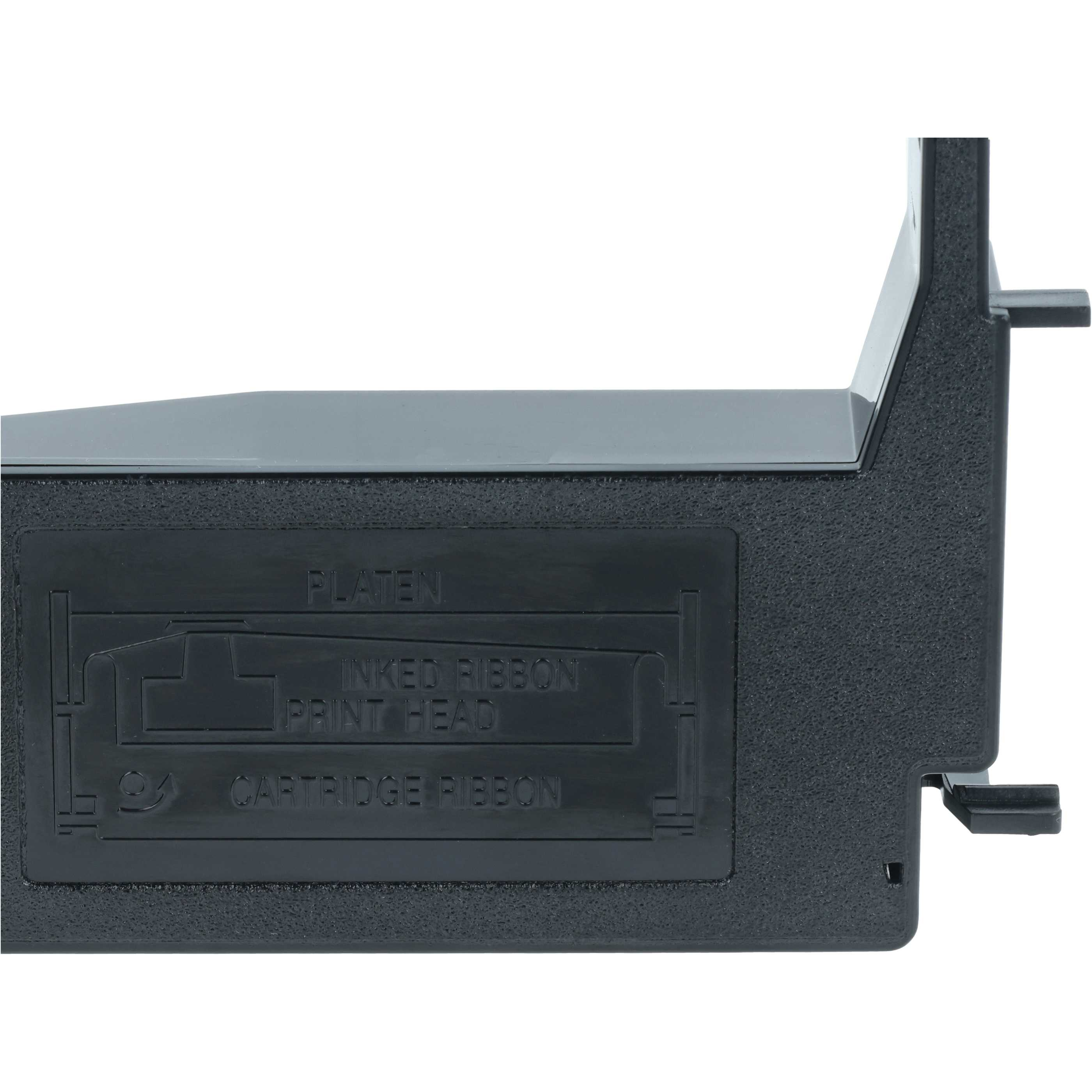 Eine schwarze Druckpatrone auf weißem Hintergrund. Es hat 'INKED RIBBON PRINT HEAD' und 'CARTRIDGE RIBBON' darauf.