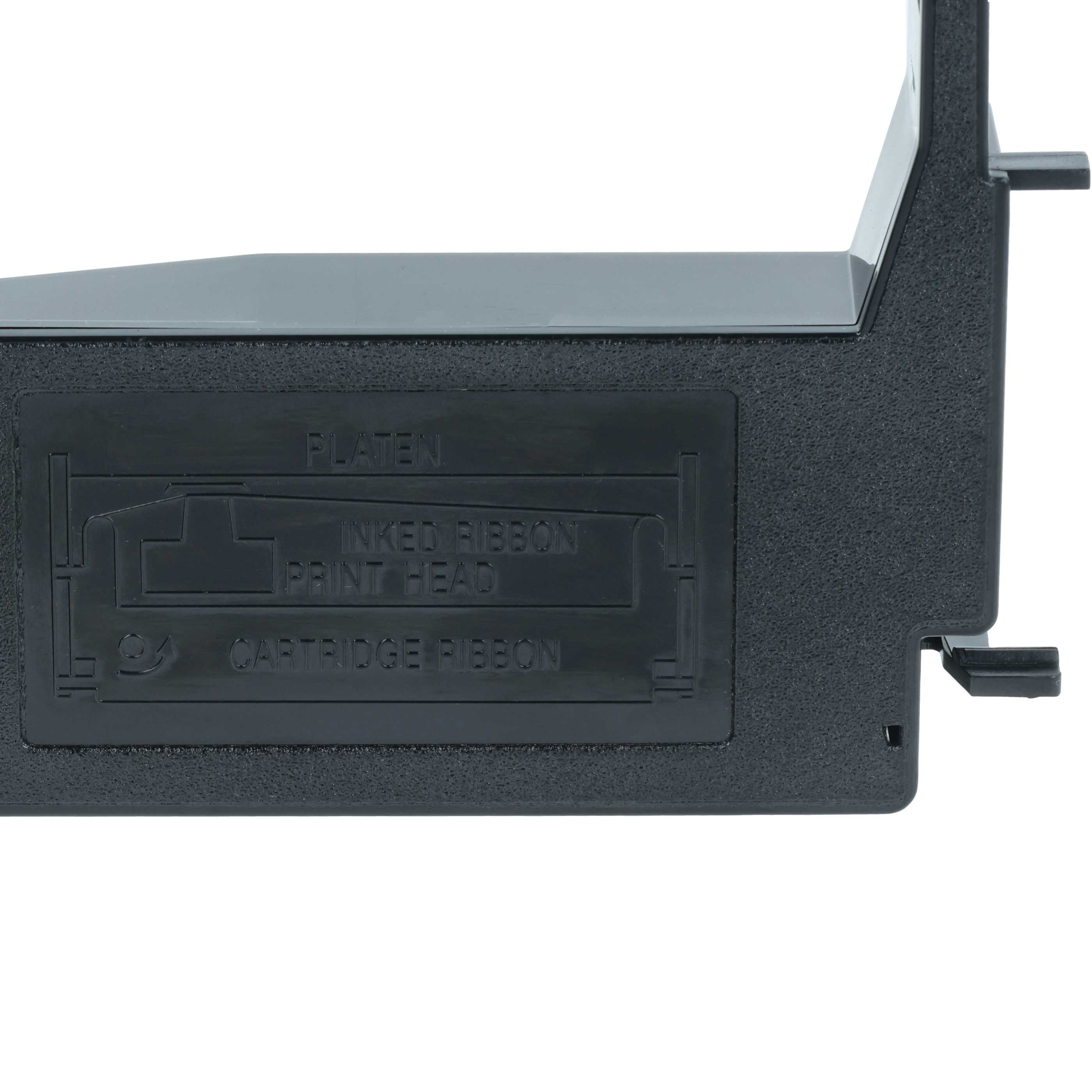 Schwarze Druckerkartusche. Es hat Text, der besagt: 'Inked Ribbon, Print Head, Cartridge Ribbon'. Weißer Hintergrund.