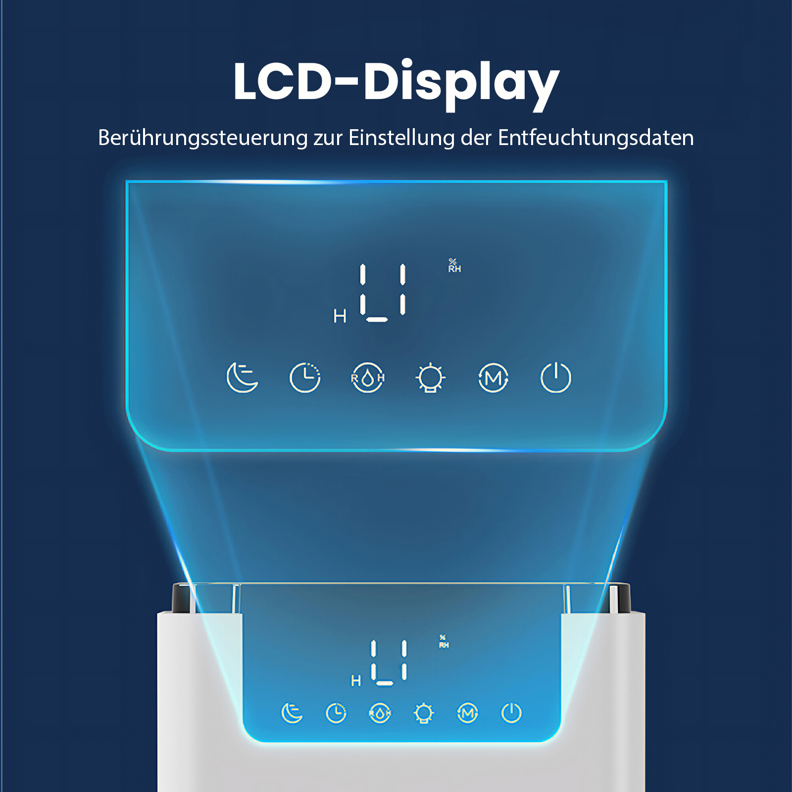 Luftentfeuchter-Display. Blauer Bildschirm mit weißem Text und Symbolen. Zeigt Feuchtigkeitsgrad und Optionen.