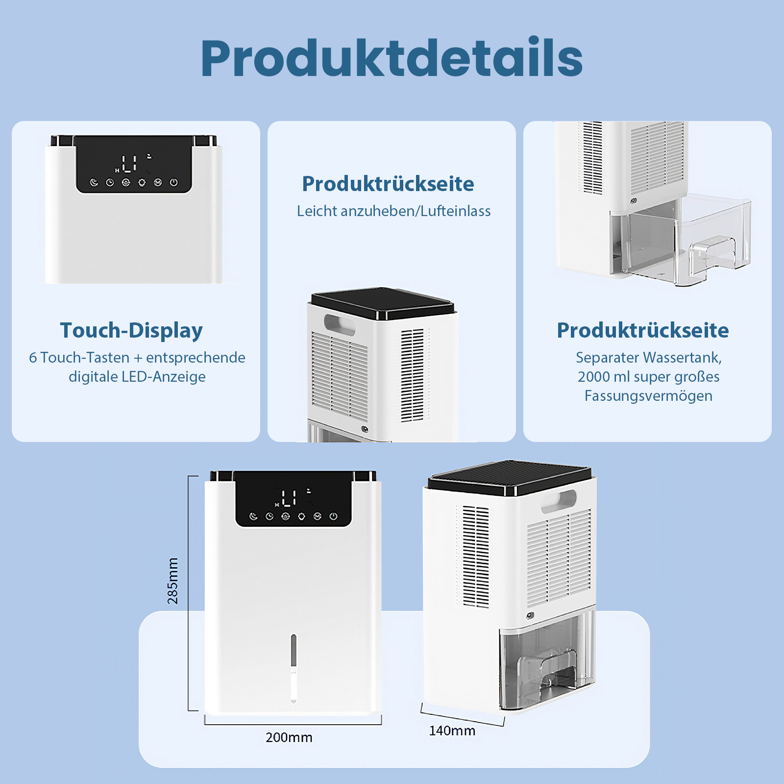 Diagramm eines weißen Luftentfeuchters mit Touch-Display, Abmessungen und Beschriftungen auf Deutsch. Produktdetails werden gezeigt.
