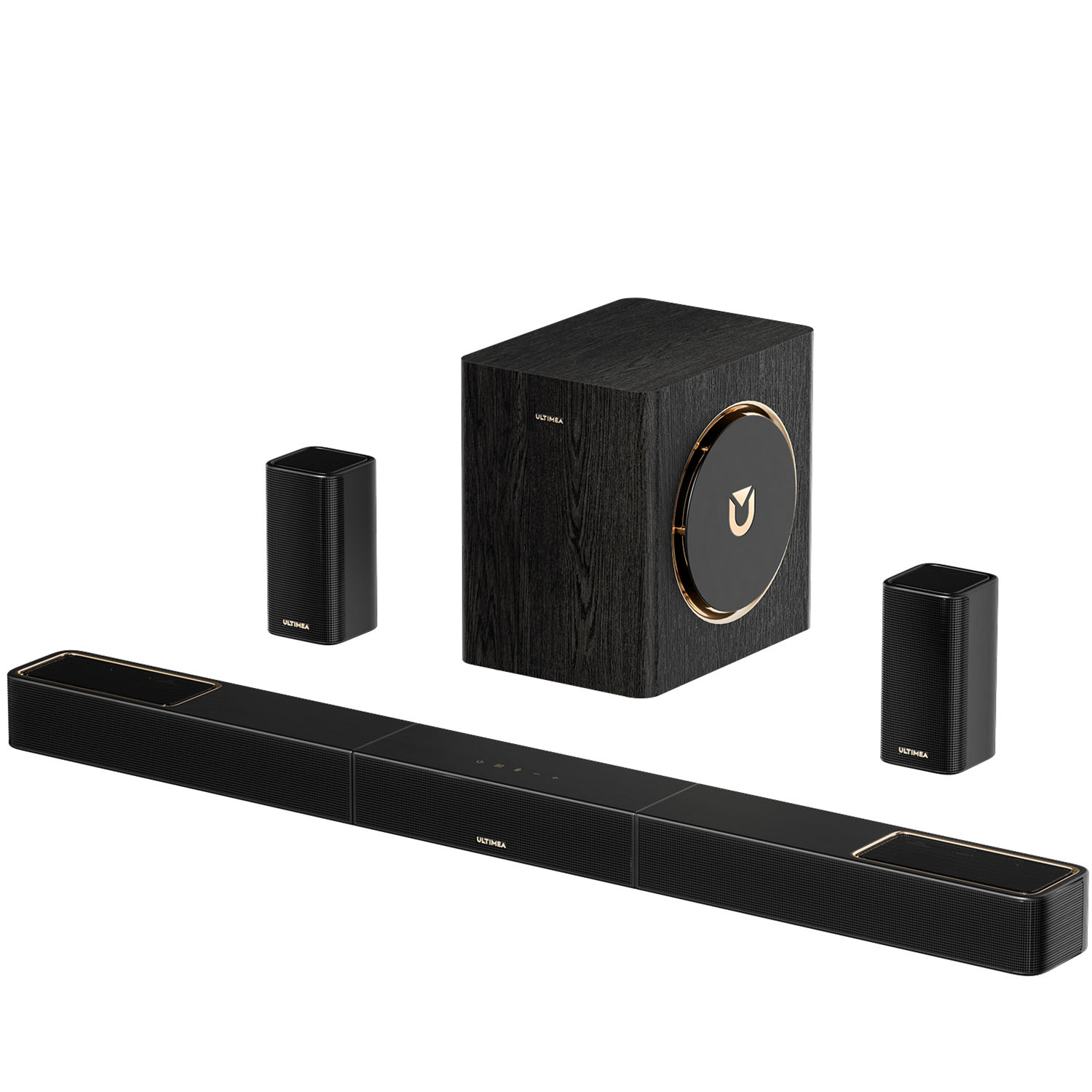 System dźwiękowy z czarnym soundbarem, subwooferem i dwoma głośnikami na białym tle. Obecne są złote akcenty.